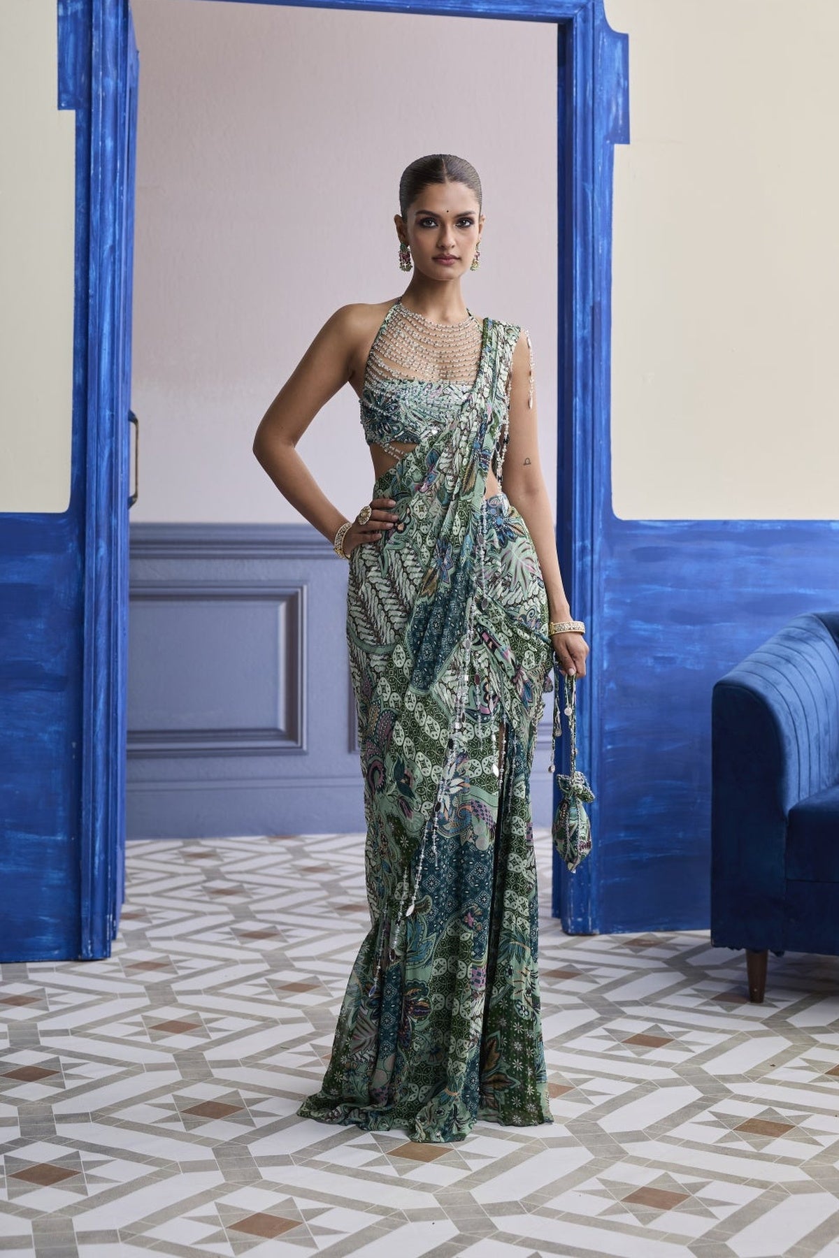 Jeweled Green Floral Blouse With Slit Saree & Tassel Drape Set
