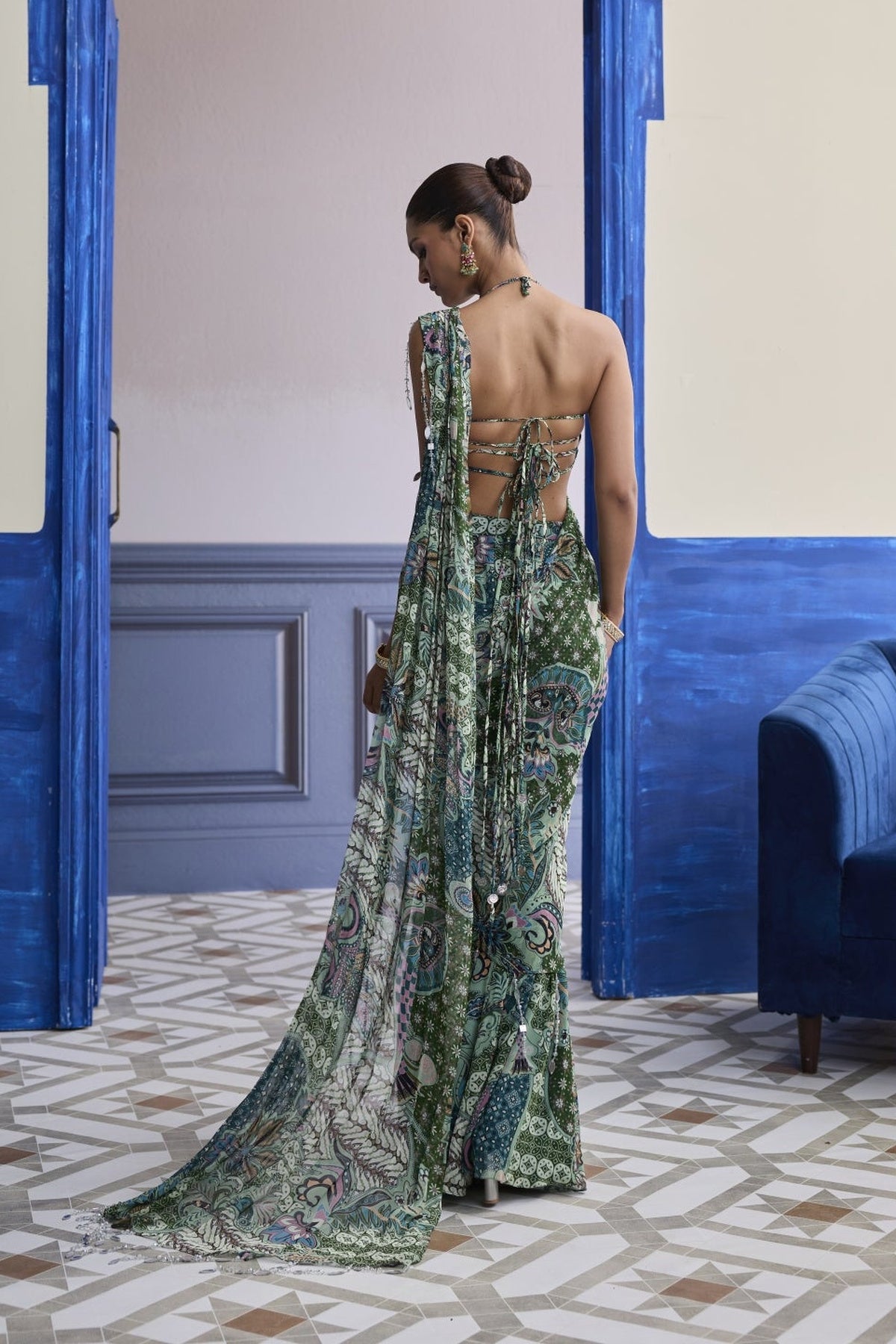 Jeweled Green Floral Blouse With Slit Saree & Tassel Drape Set