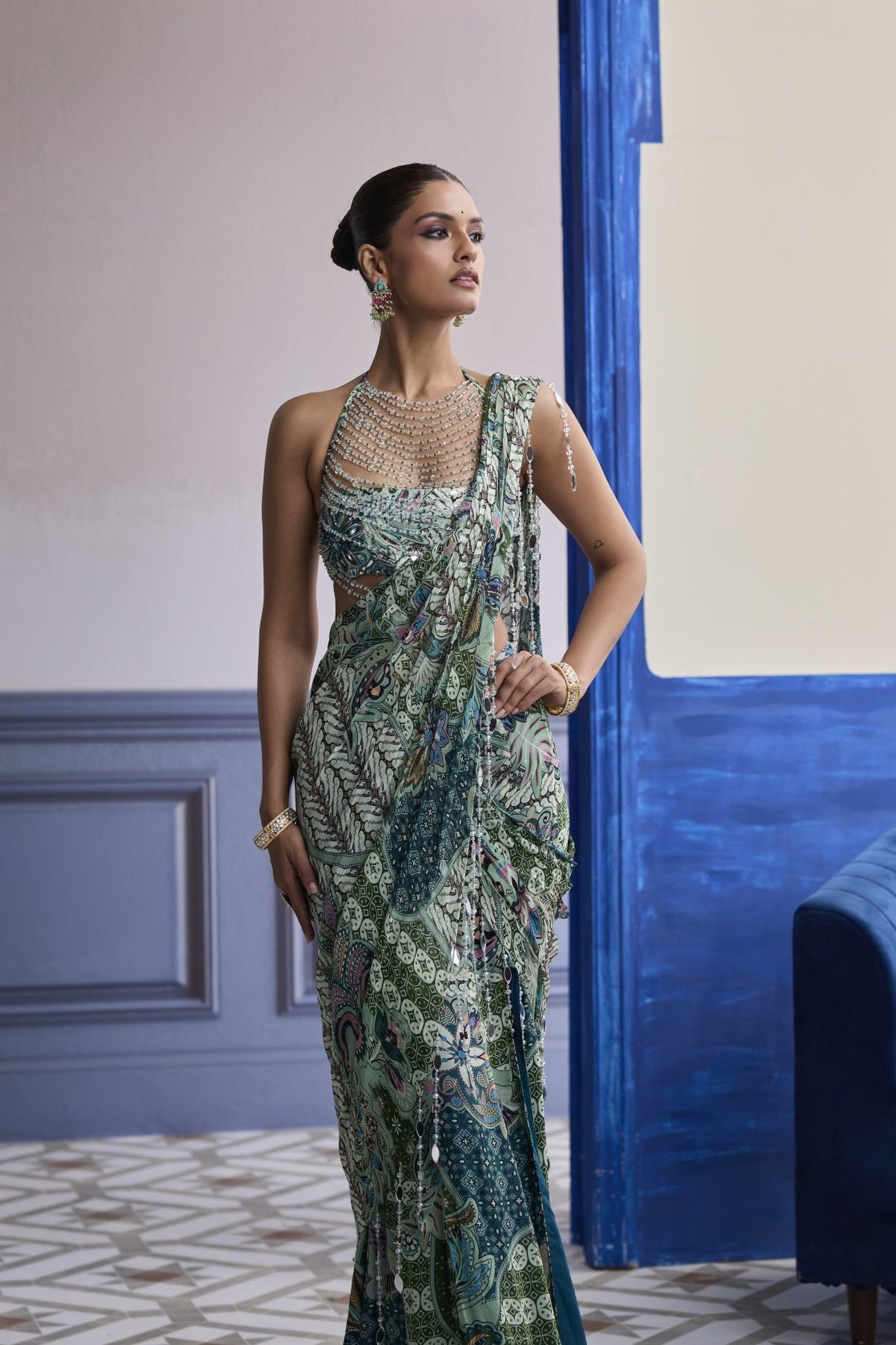 Jeweled Green Floral Blouse With Slit Saree & Tassel Drape Set