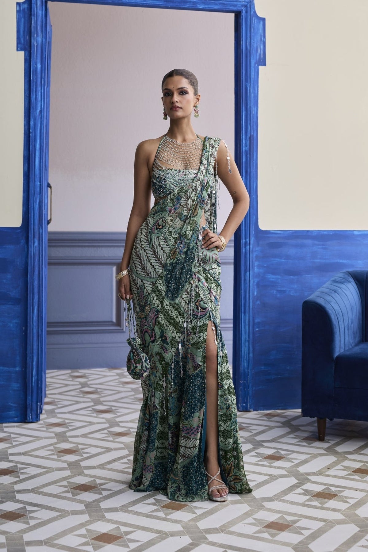Jeweled Green Floral Blouse With Slit Saree & Tassel Drape Set