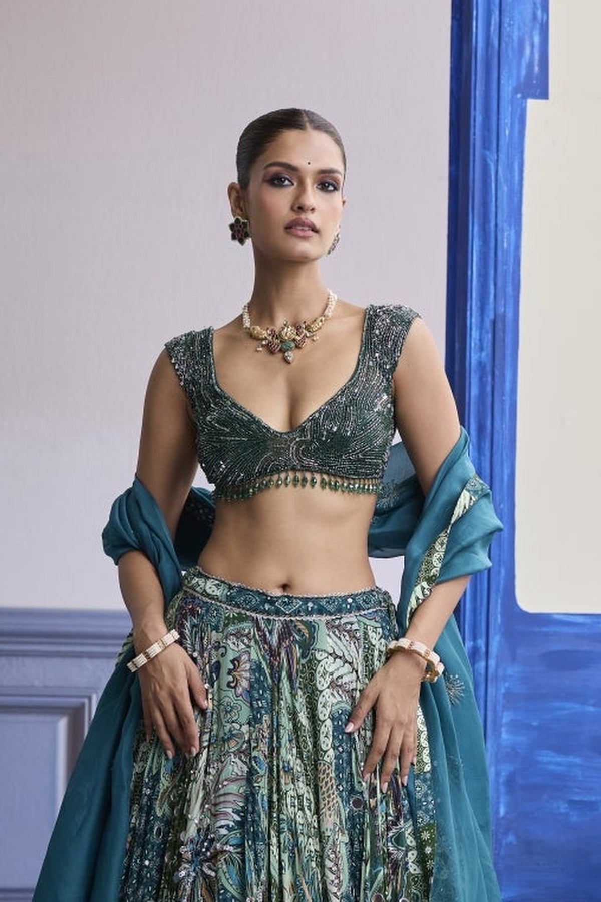 Green Wave Embroidered Blouse With Print Highlights & Solid Dupatta Set