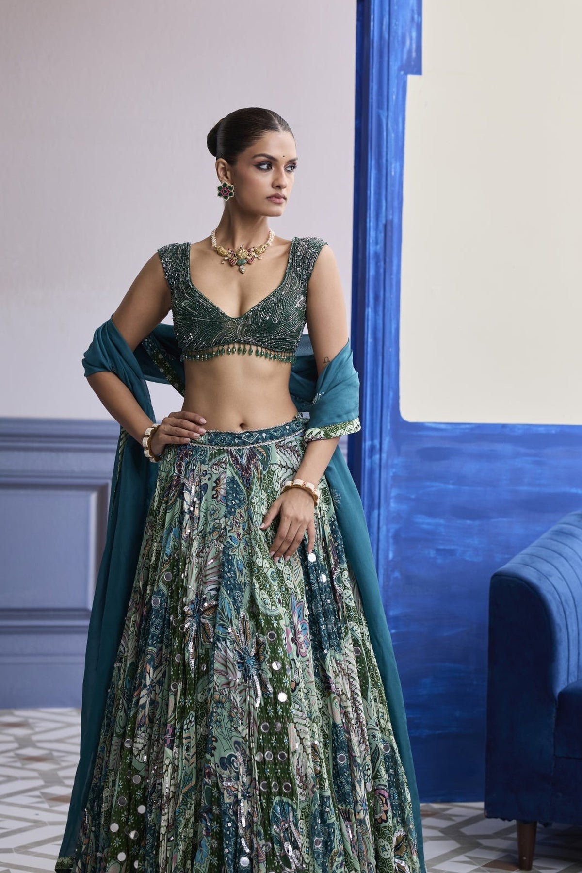 Green Wave Embroidered Blouse With Print Highlights & Solid Dupatta Set
