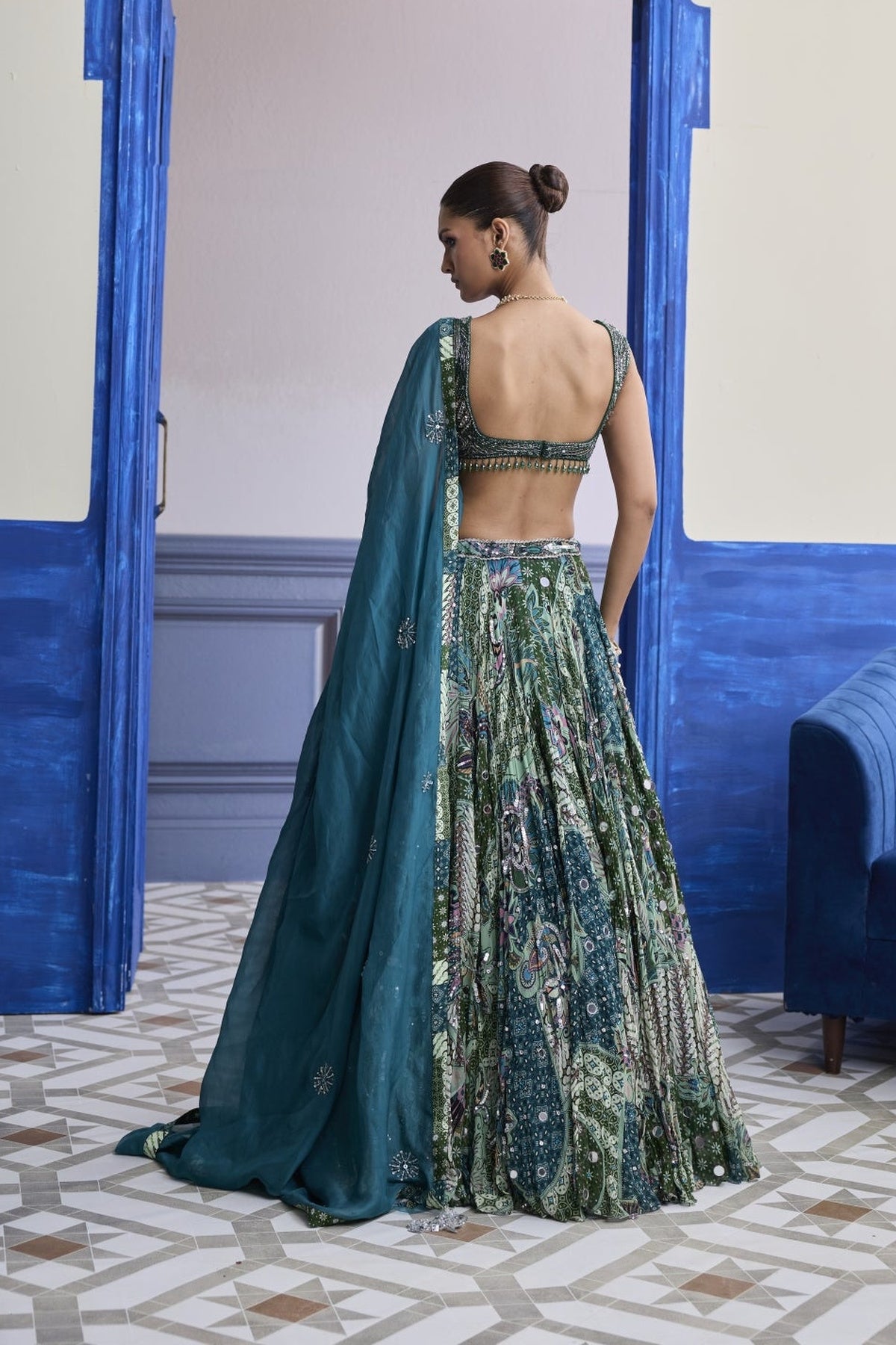 Green Wave Embroidered Blouse With Print Highlights & Solid Dupatta Set
