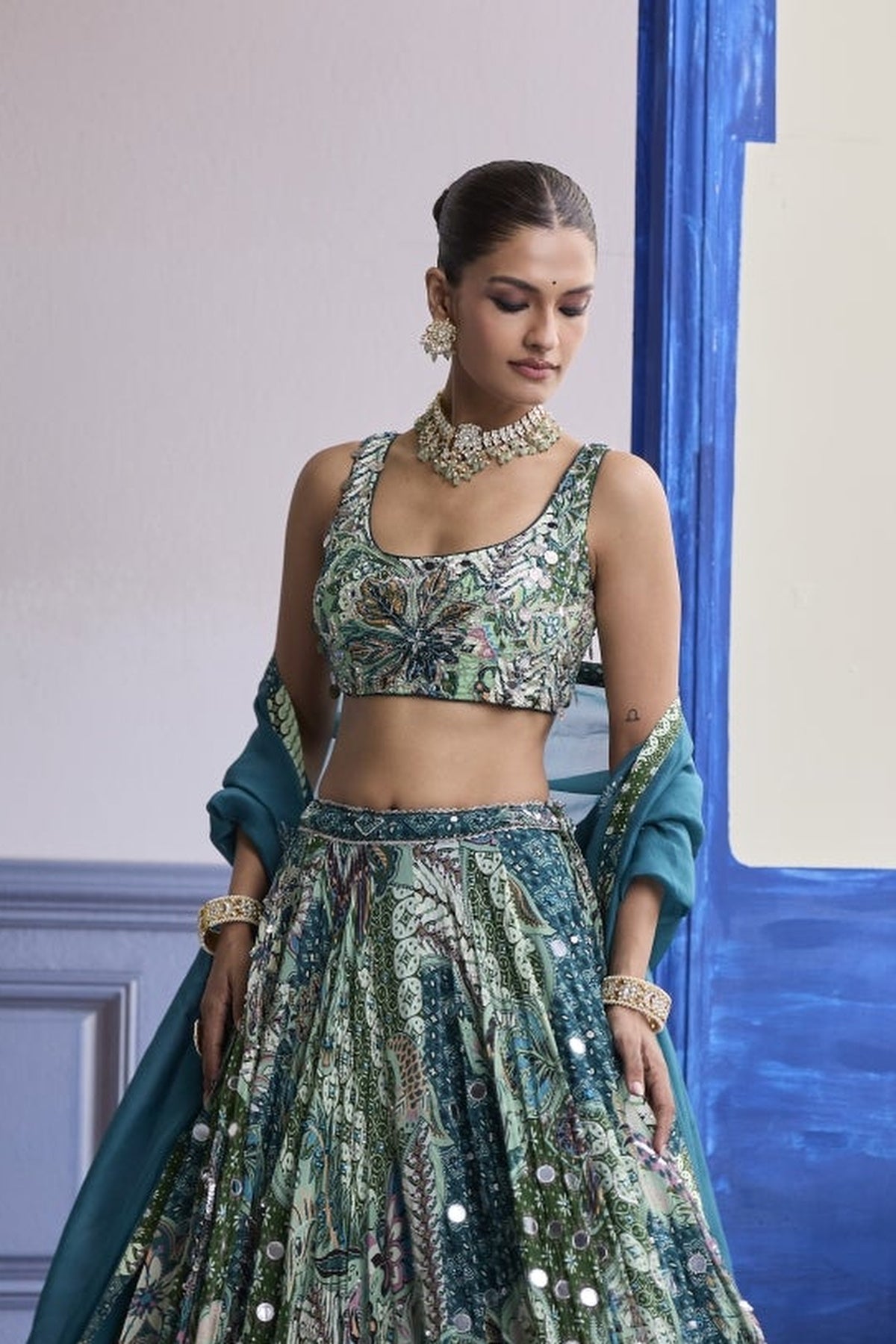 Green Floral Blouse With Highlighted Lehenga & Embroidered Dupatta Set
