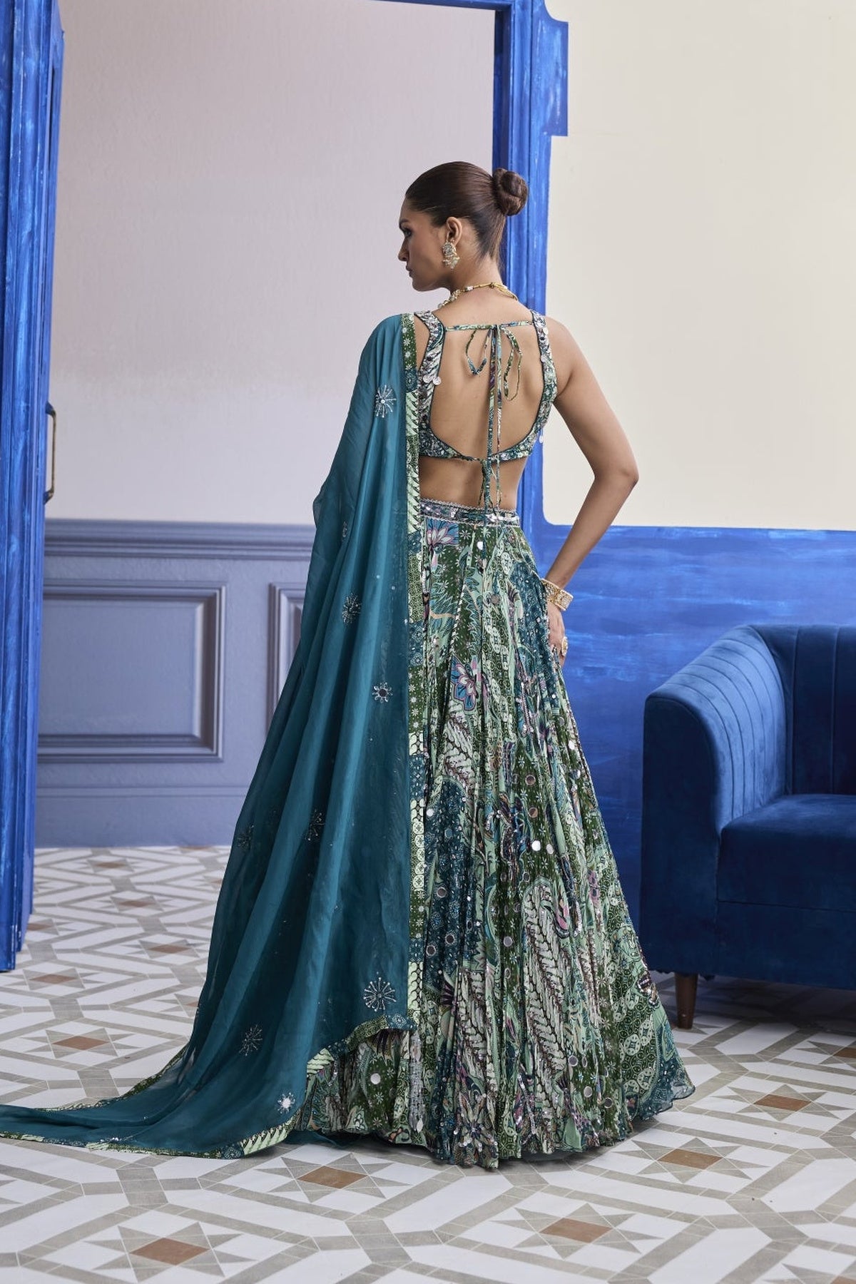 Green Floral Blouse With Highlighted Lehenga & Embroidered Dupatta Set