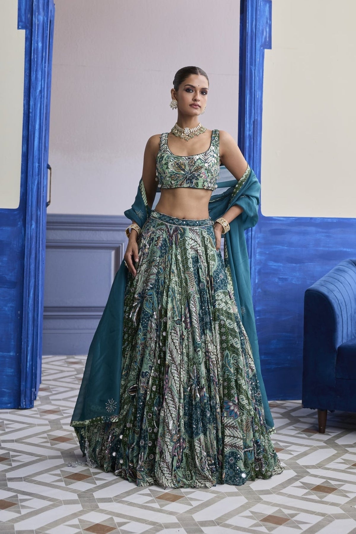 Green Floral Blouse With Highlighted Lehenga & Embroidered Dupatta Set