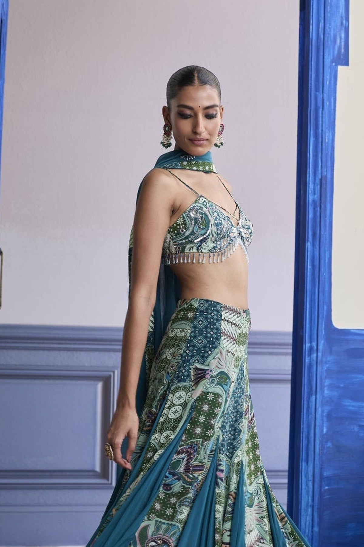 Green Floral Blouse With Godet Skirt & Embroidered Dupatta Set