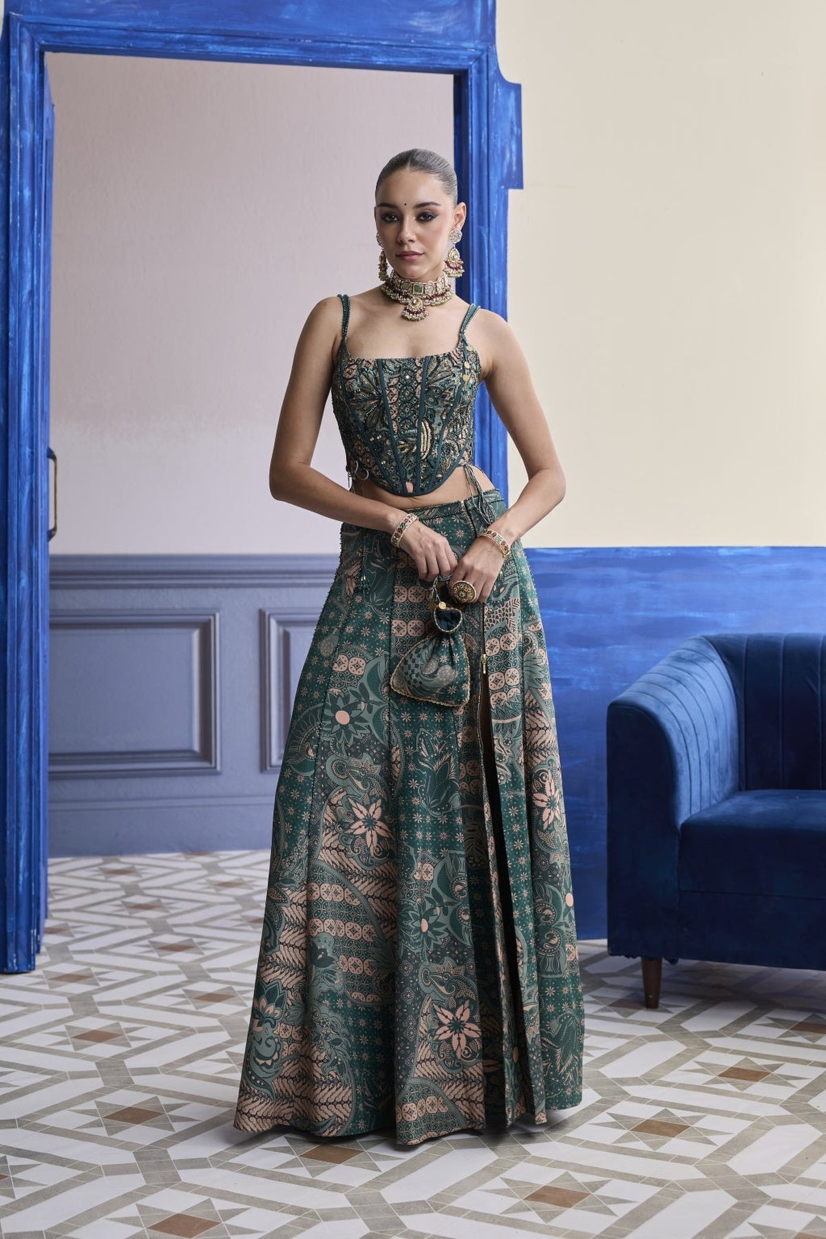 Teal Floral Corset With Tie-Up Detail & Panelled Slit Skirt Set
