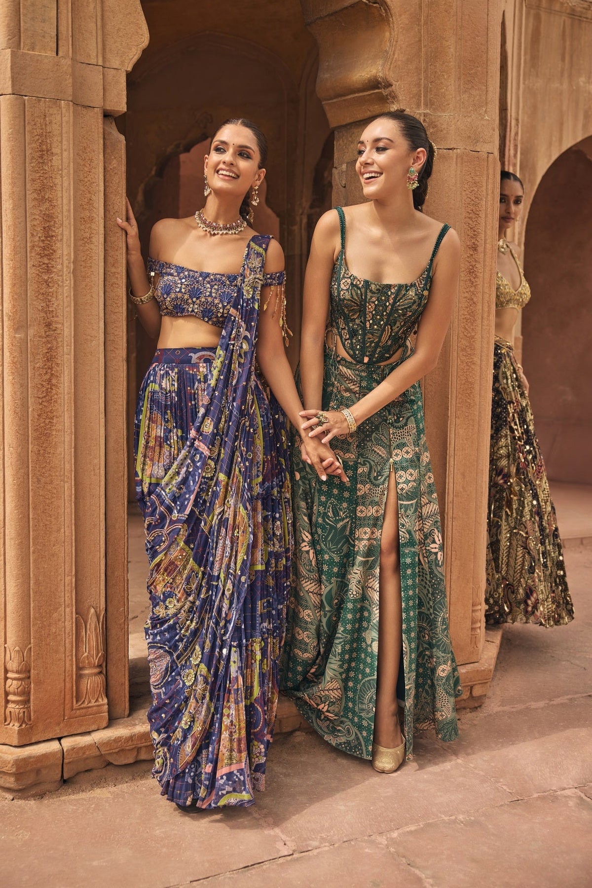 Teal Floral Corset With Tie-Up Detail & Panelled Slit Skirt Set