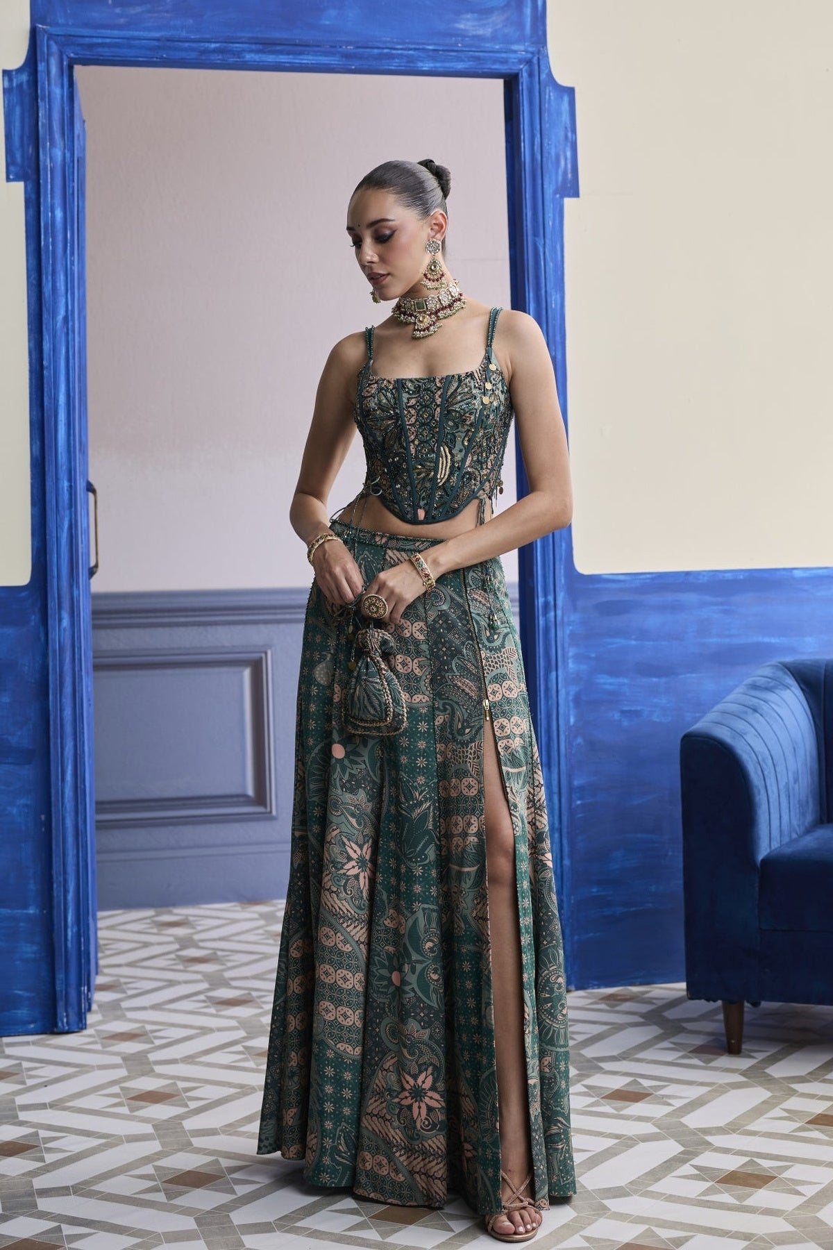 Teal Floral Corset With Tie-Up Detail & Panelled Slit Skirt Set