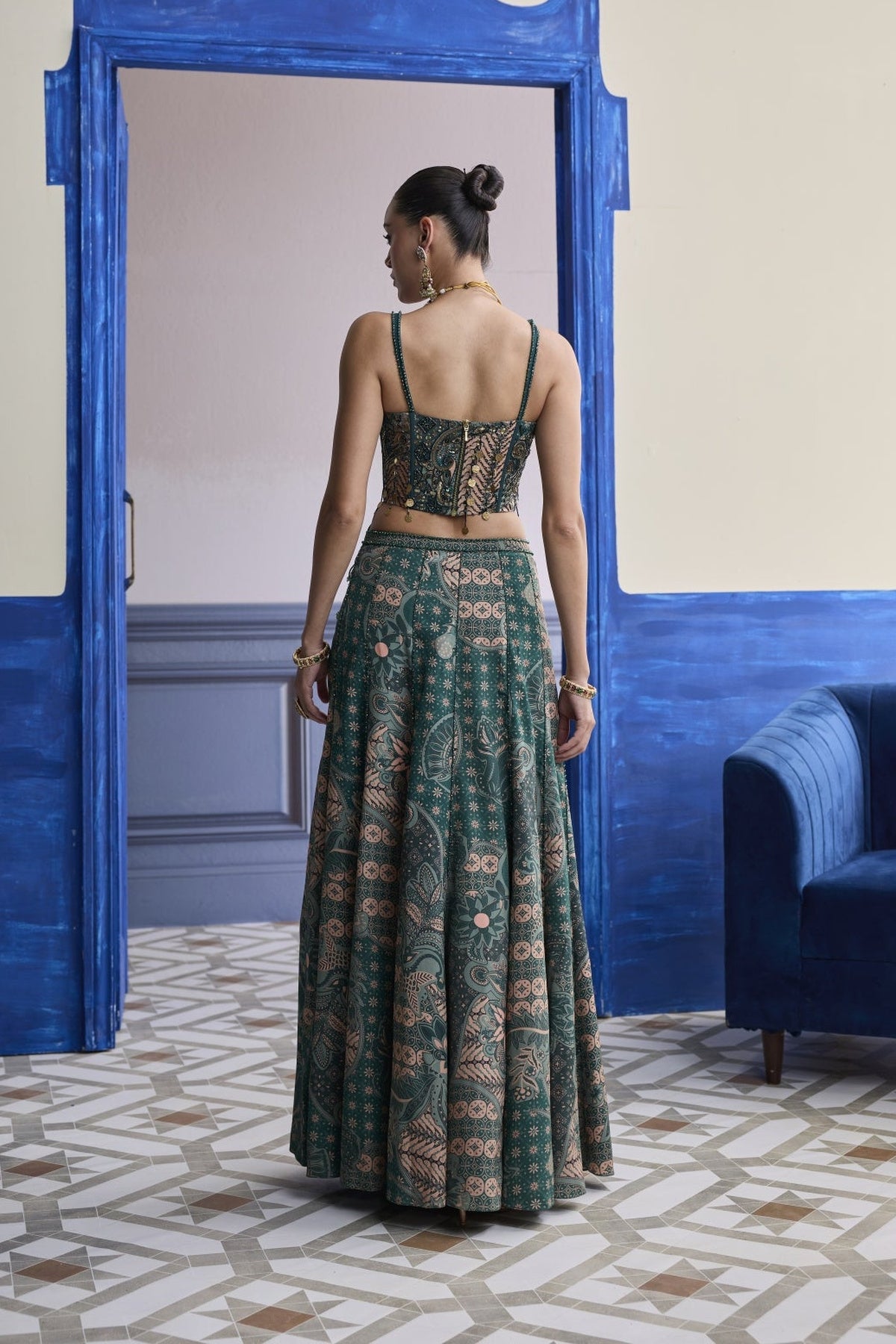 Teal Floral Corset With Tie-Up Detail & Panelled Slit Skirt Set