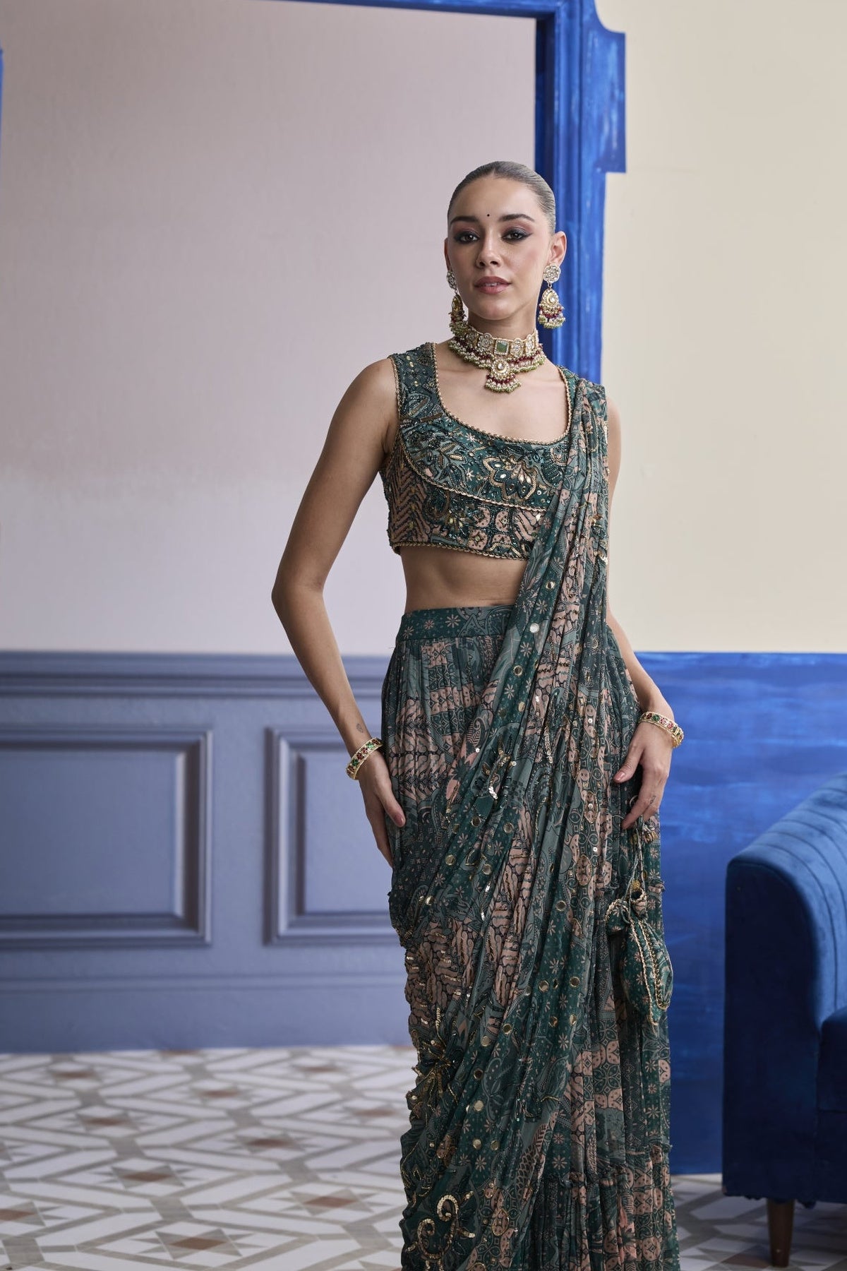 Teal Floral Blouse With Draped Tiered Saree Skirt Set