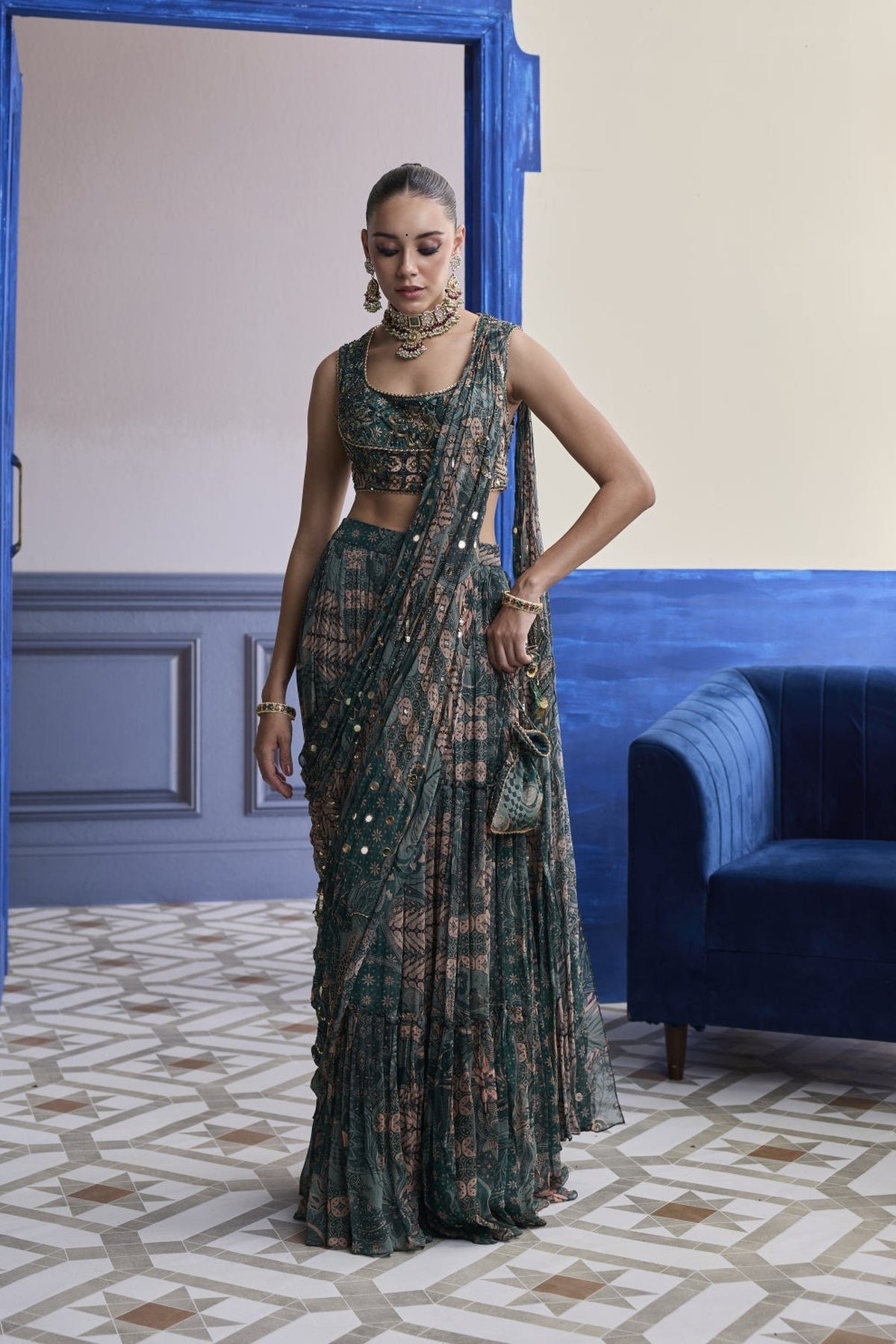 Teal Floral Blouse With Draped Tiered Saree Skirt Set