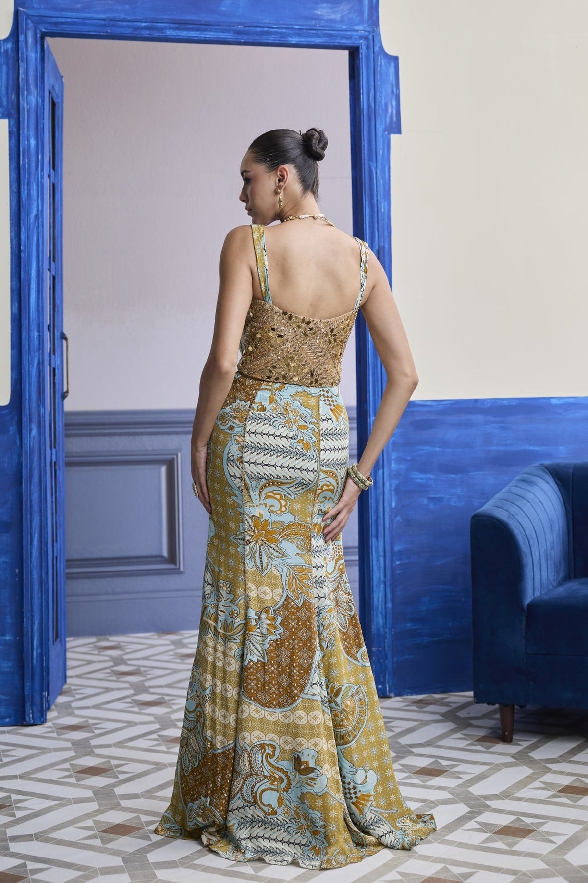 Gold Embroidered Corset With Floral Cowl & Mermaid Skirt Set