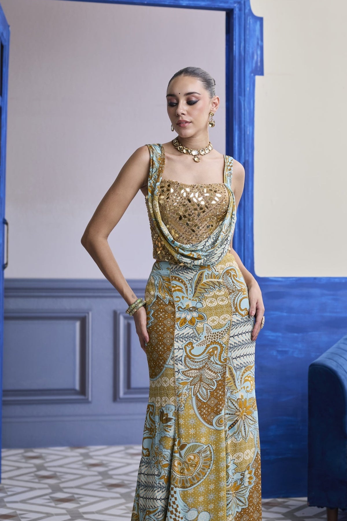 Gold Embroidered Corset With Floral Cowl & Mermaid Skirt Set
