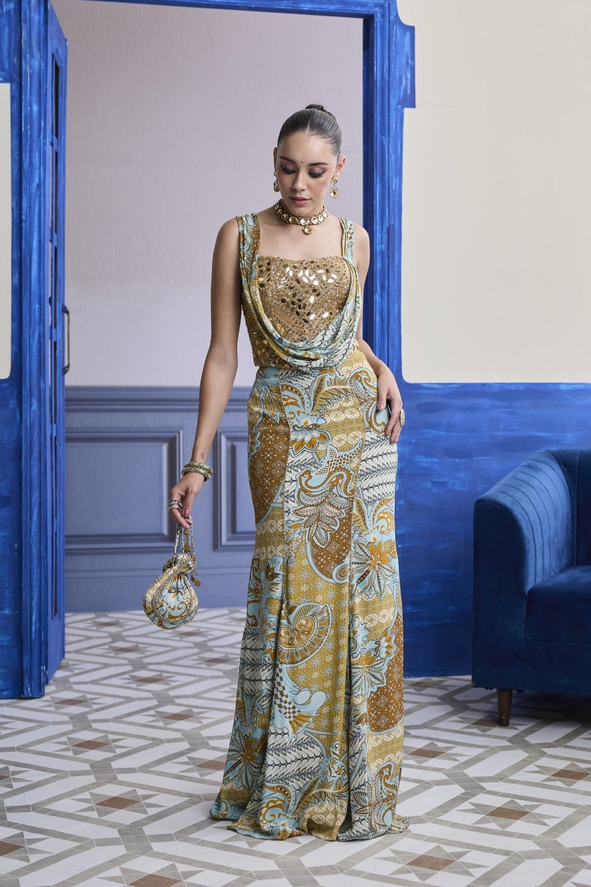 Gold Embroidered Corset With Floral Cowl & Mermaid Skirt Set