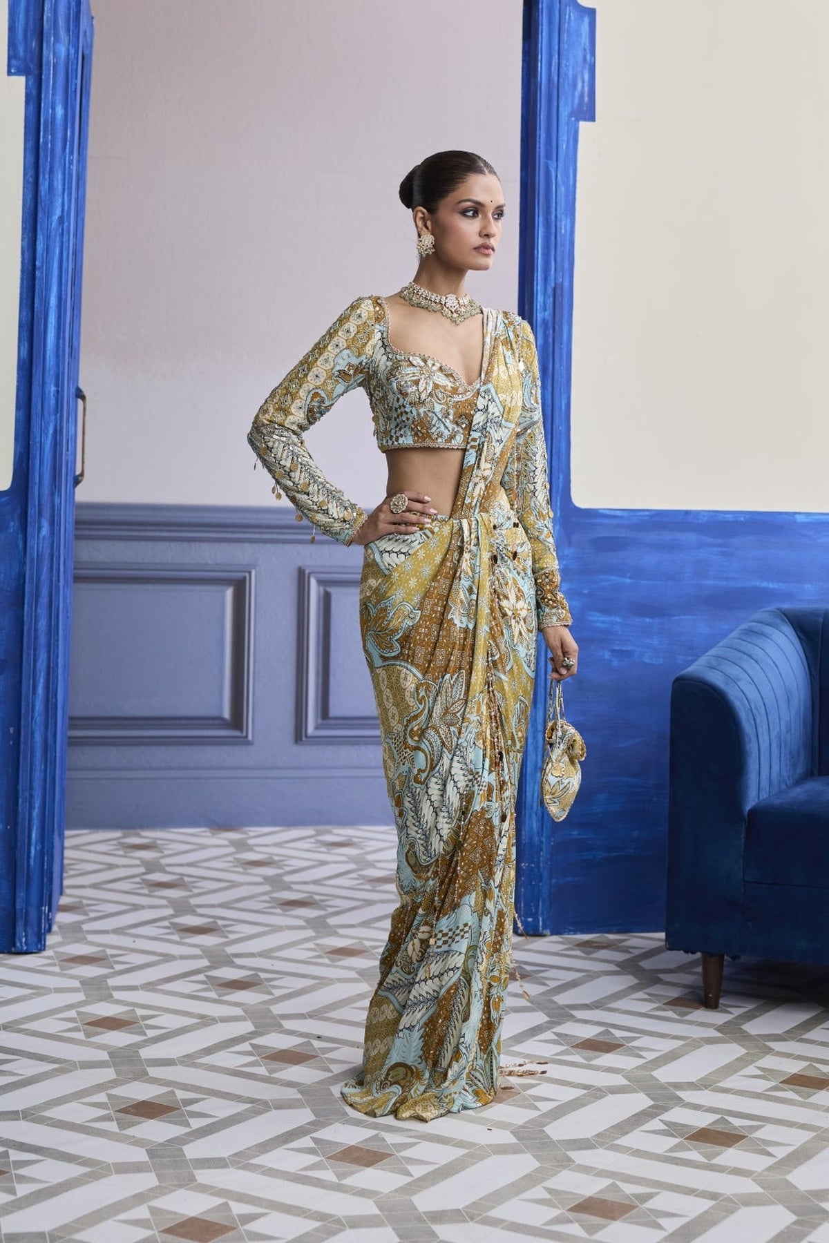 Yellow Floral Blouse With Coordinated Printed Dhoti Saree Set
