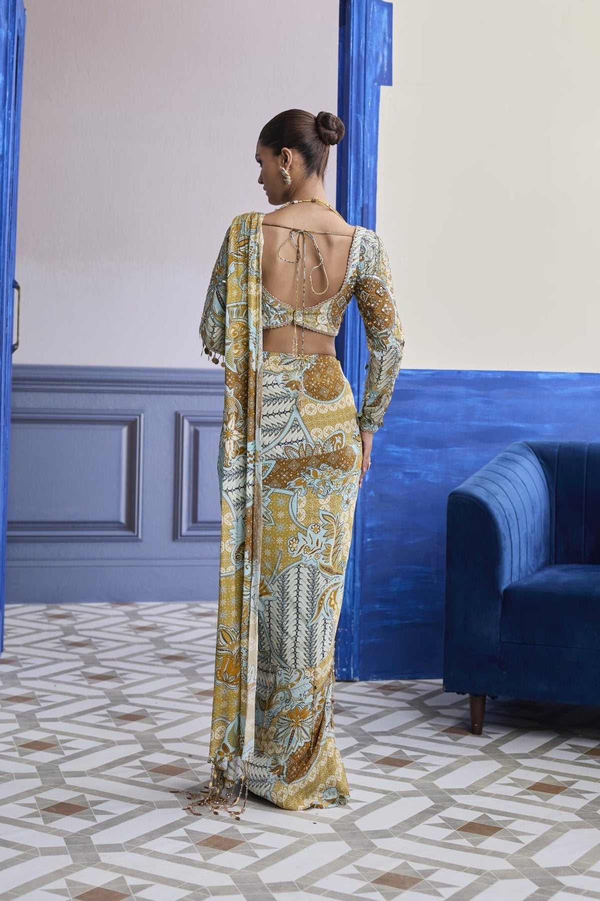 Yellow Floral Blouse With Coordinated Printed Dhoti Saree Set