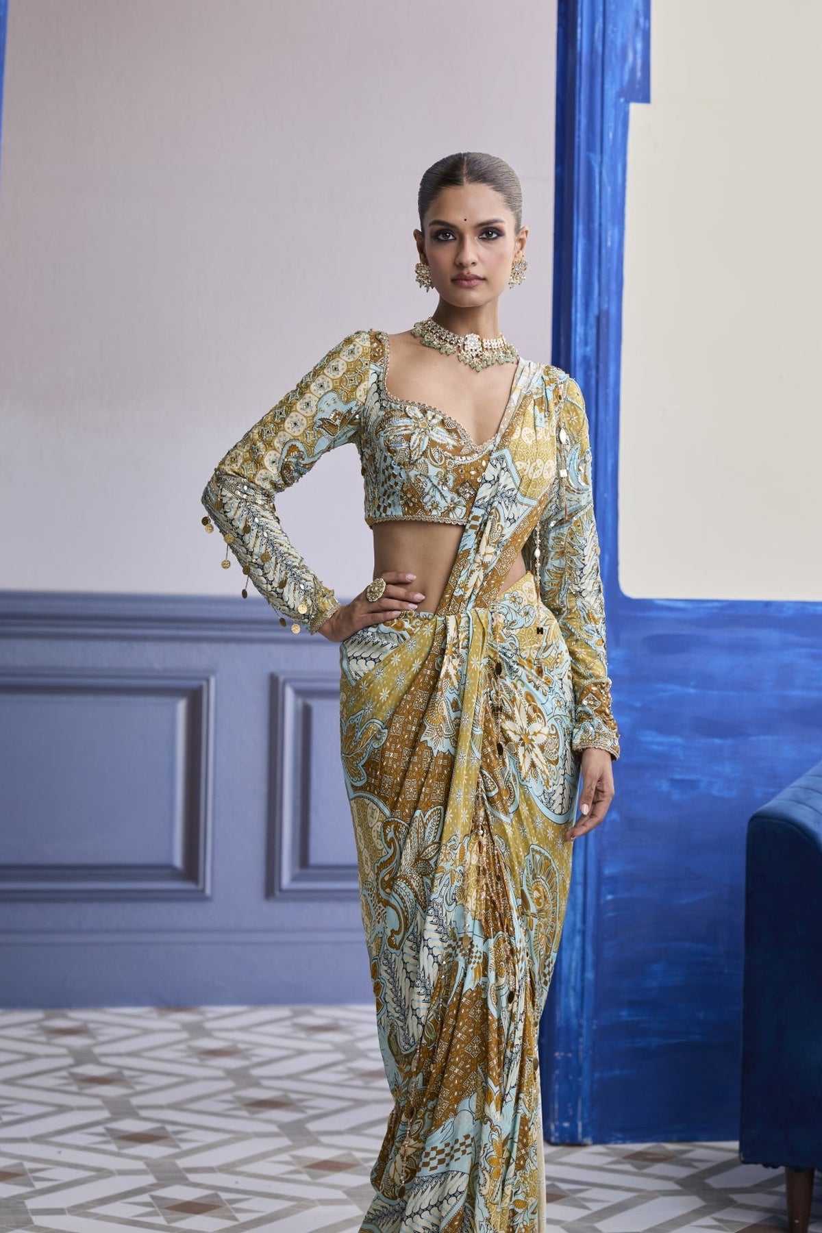 Yellow Floral Blouse With Coordinated Printed Dhoti Saree Set