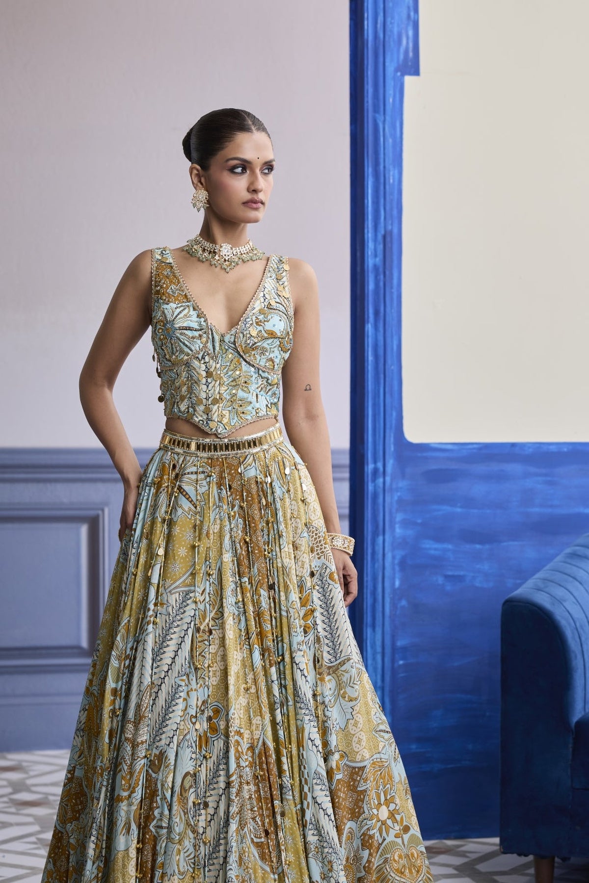 Yellow Floral Corset With Tassel Lehenga & Printed Dupatta Set