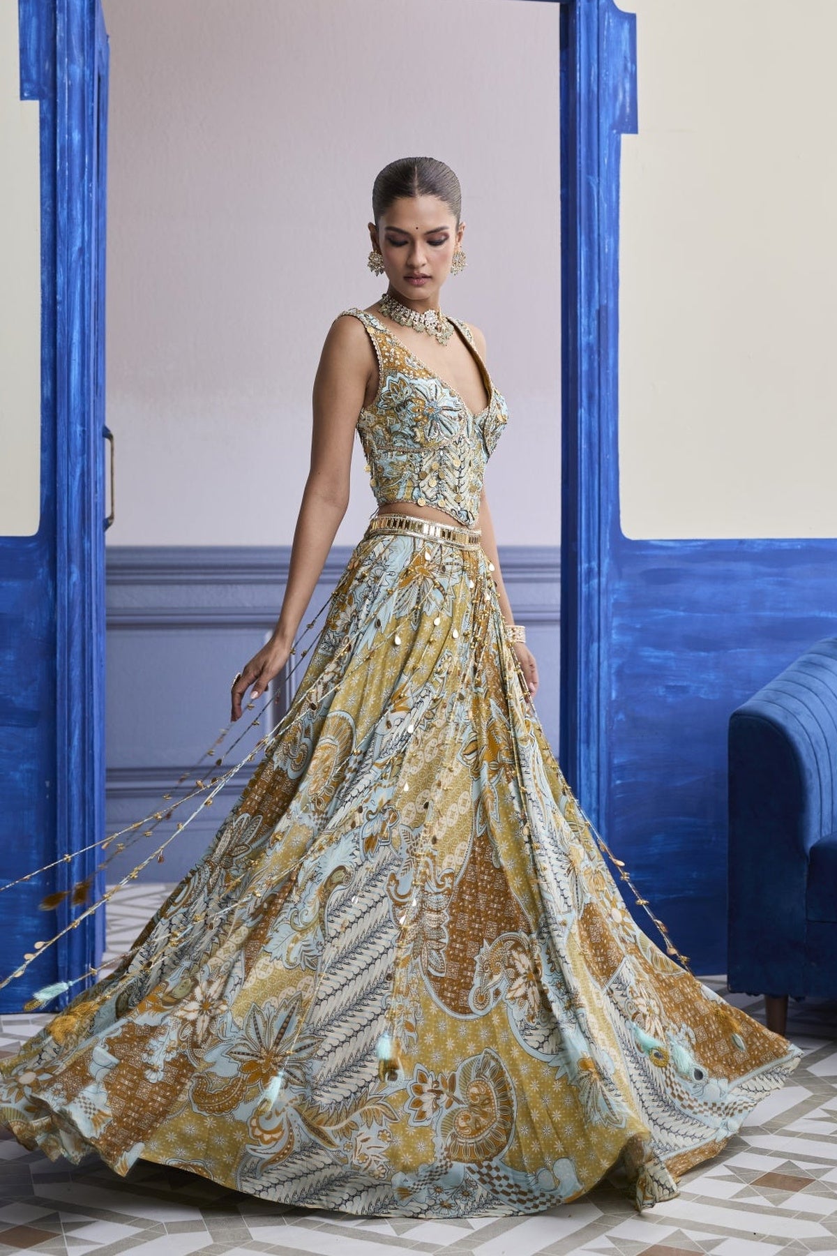 Yellow Floral Corset With Tassel Lehenga & Printed Dupatta Set