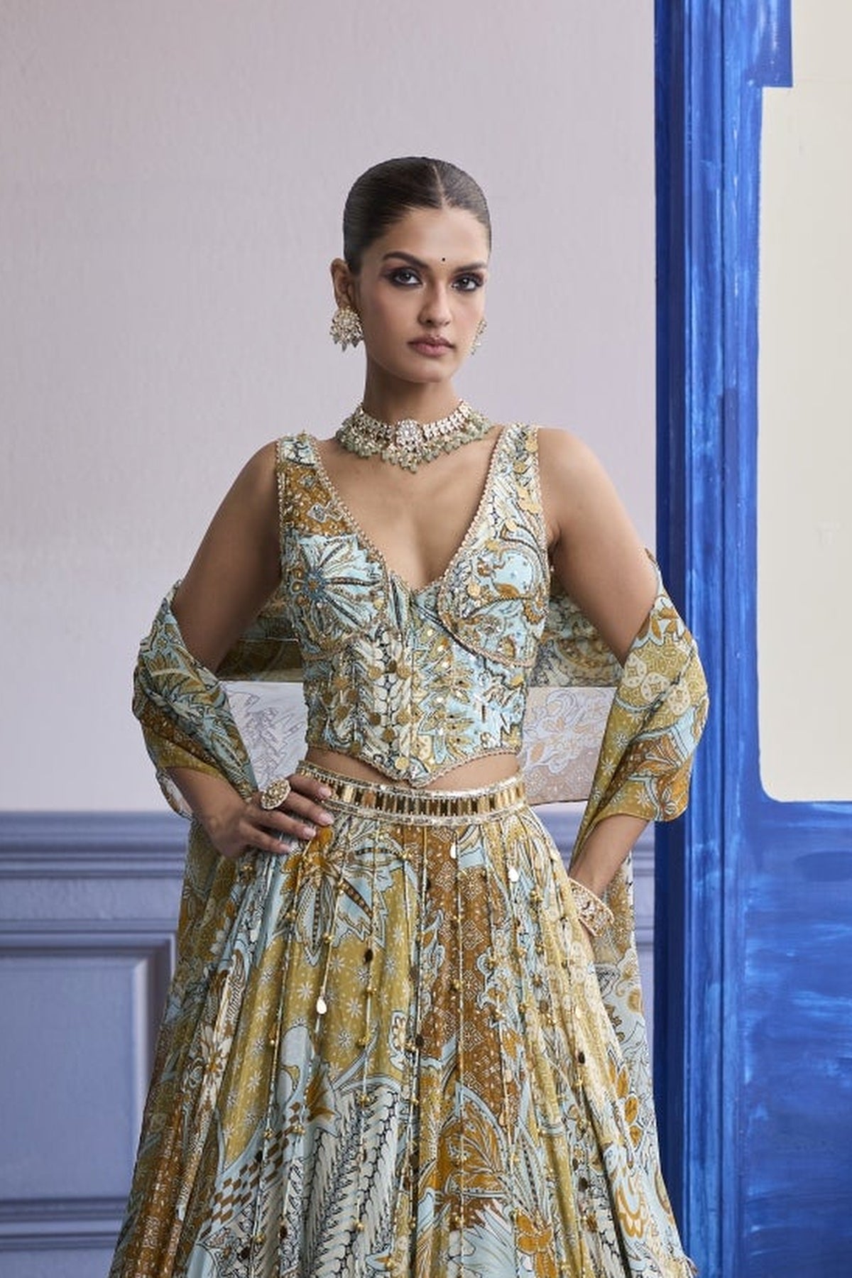 Yellow Floral Corset With Tassel Lehenga & Printed Dupatta Set