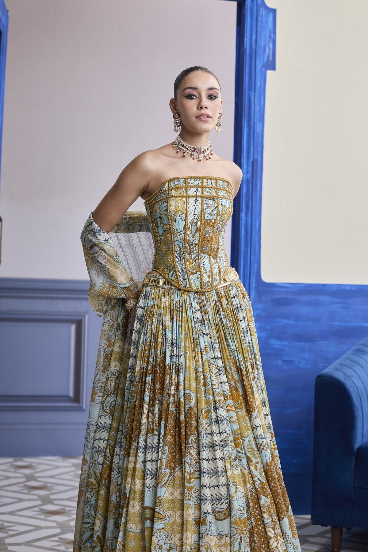 Yellow Floral Corset With Printed Lehenga & Tassel Dupatta Set