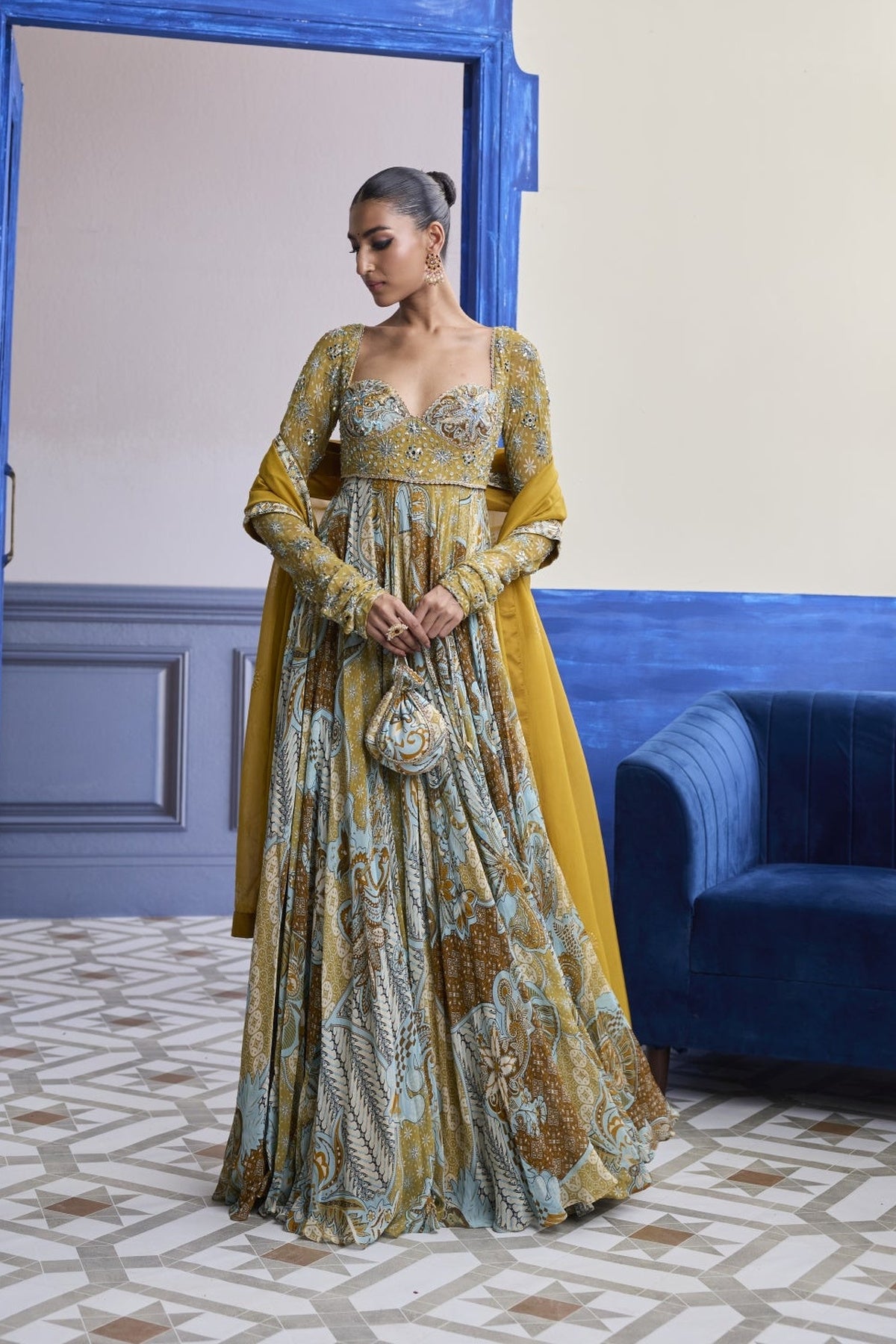 Yellow Floral Anarkali With Embroidered Solid Dupatta Set