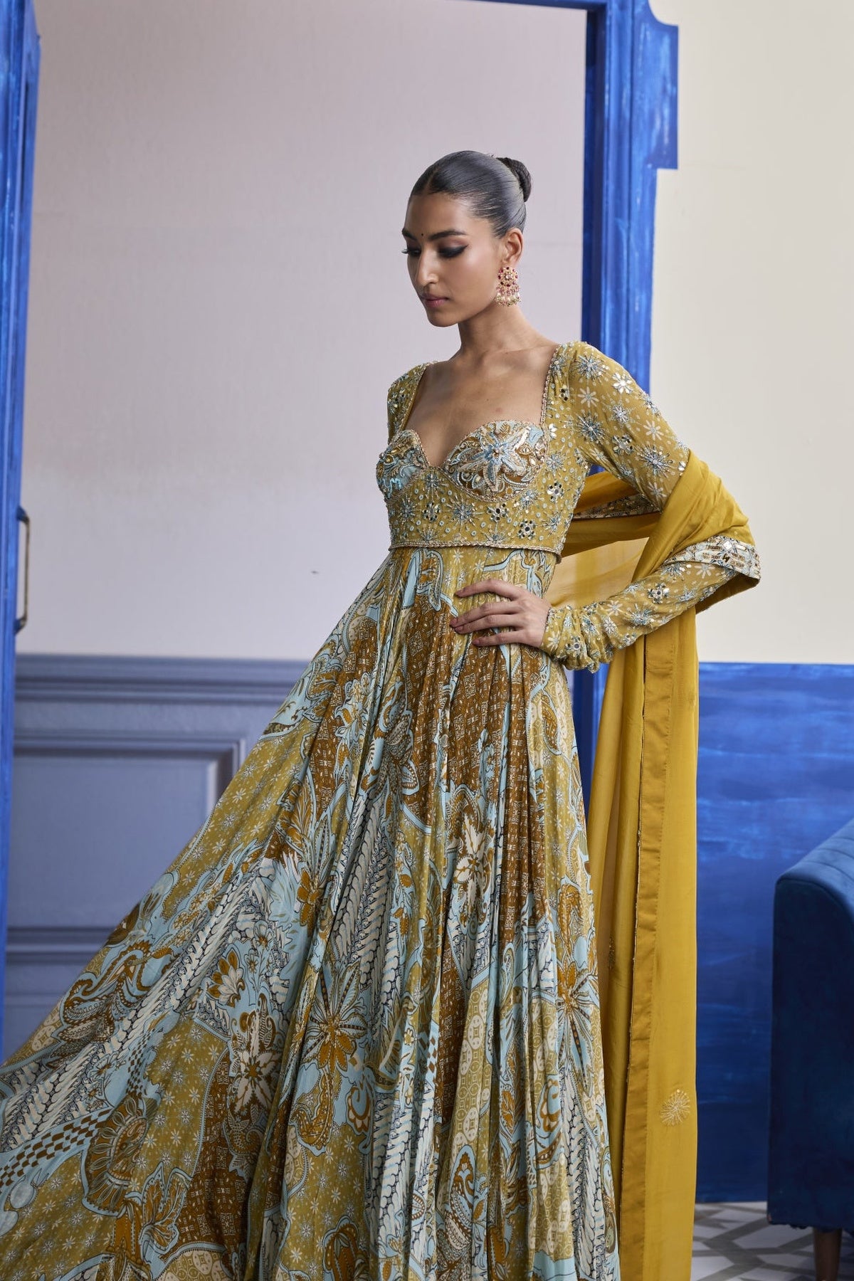 Yellow Floral Anarkali With Embroidered Solid Dupatta Set