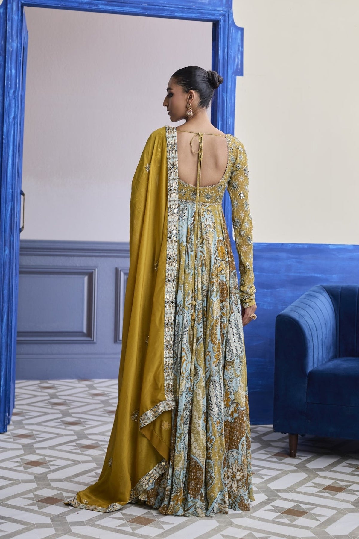 Yellow Floral Anarkali With Embroidered Solid Dupatta Set