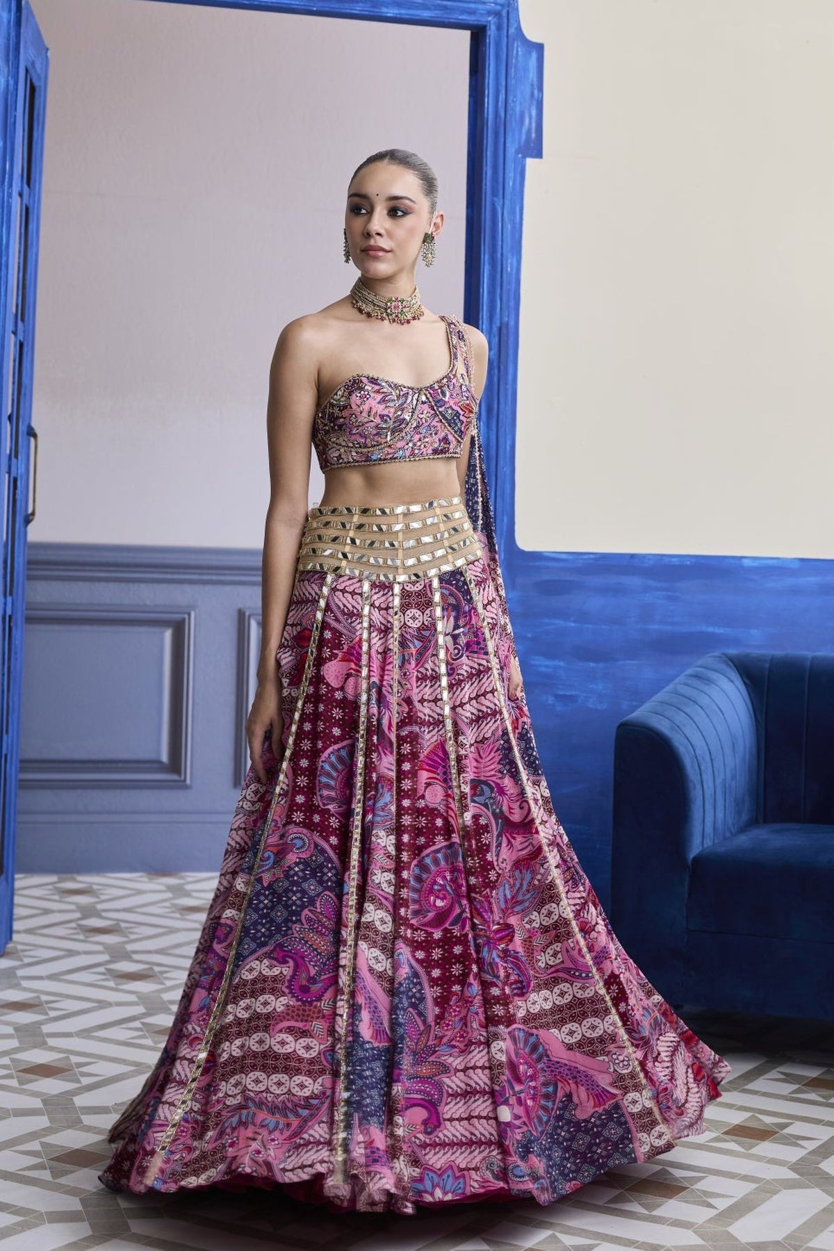 Fuchsia Floral One-Shoulder Drape Blouse With Mirror Lehenga Set