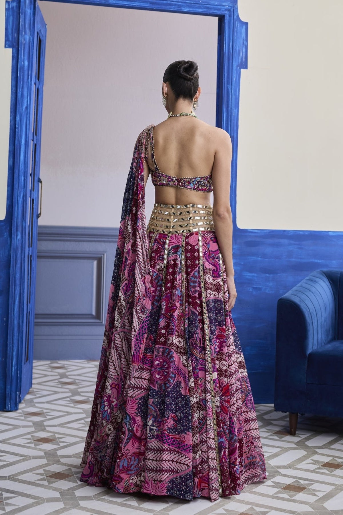 Fuchsia Floral One-Shoulder Drape Blouse With Mirror Lehenga Set