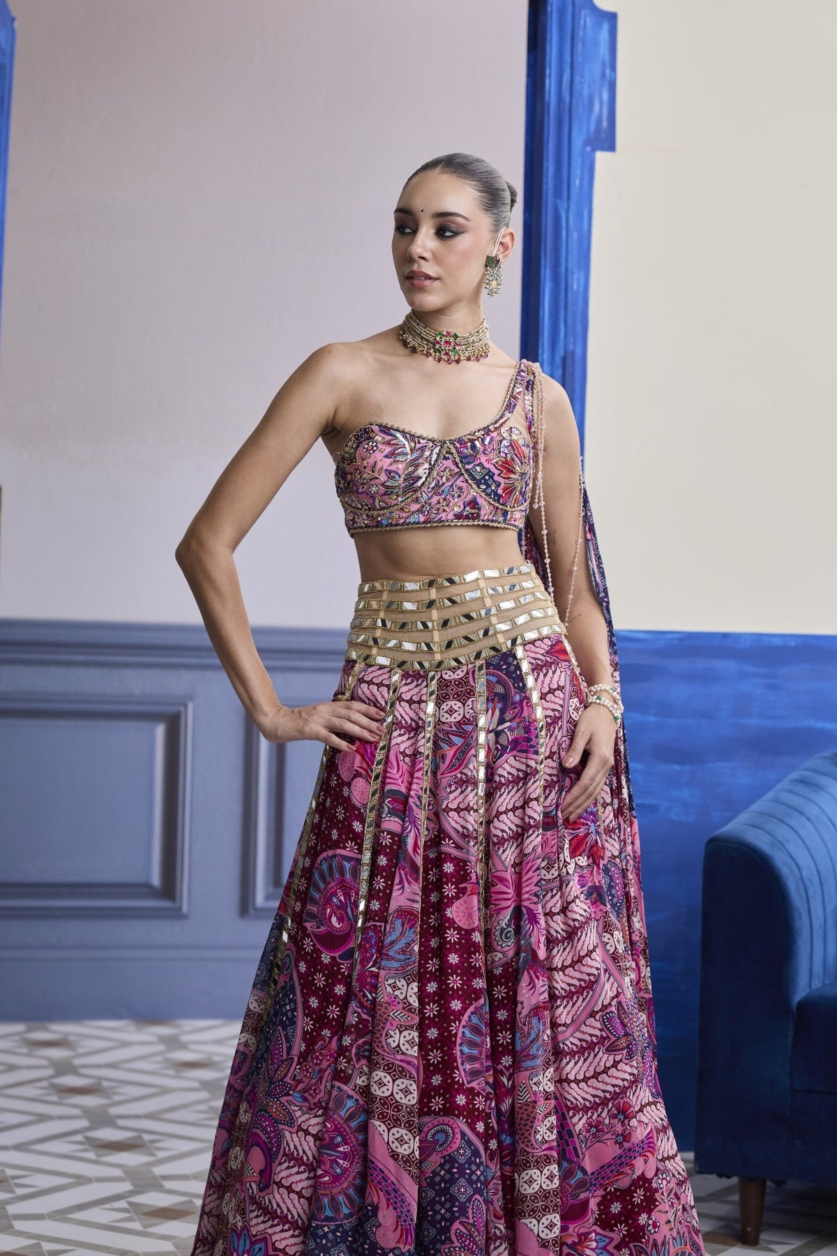 Fuchsia Floral One-Shoulder Drape Blouse With Mirror Lehenga Set