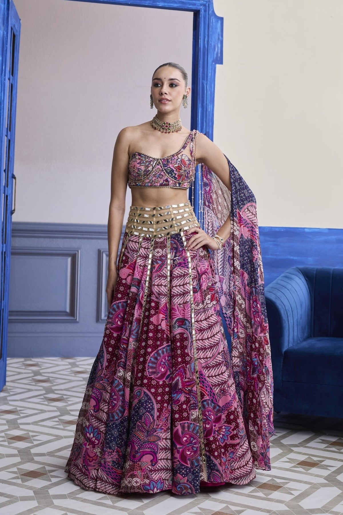 Fuchsia Floral One-Shoulder Drape Blouse With Mirror Lehenga Set