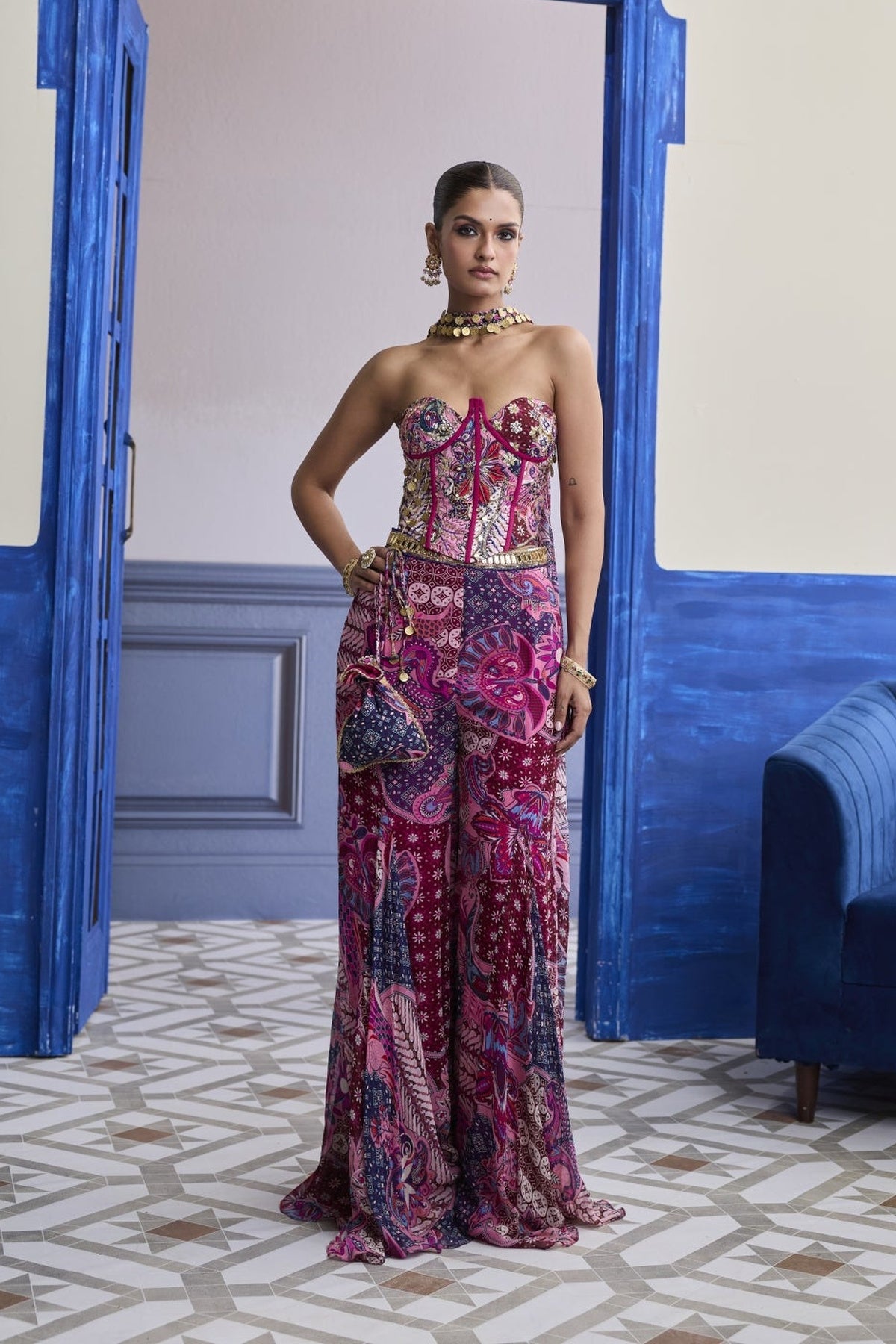 Fuchsia Floral Corset With Godet Pants & Choker Dupatta Set