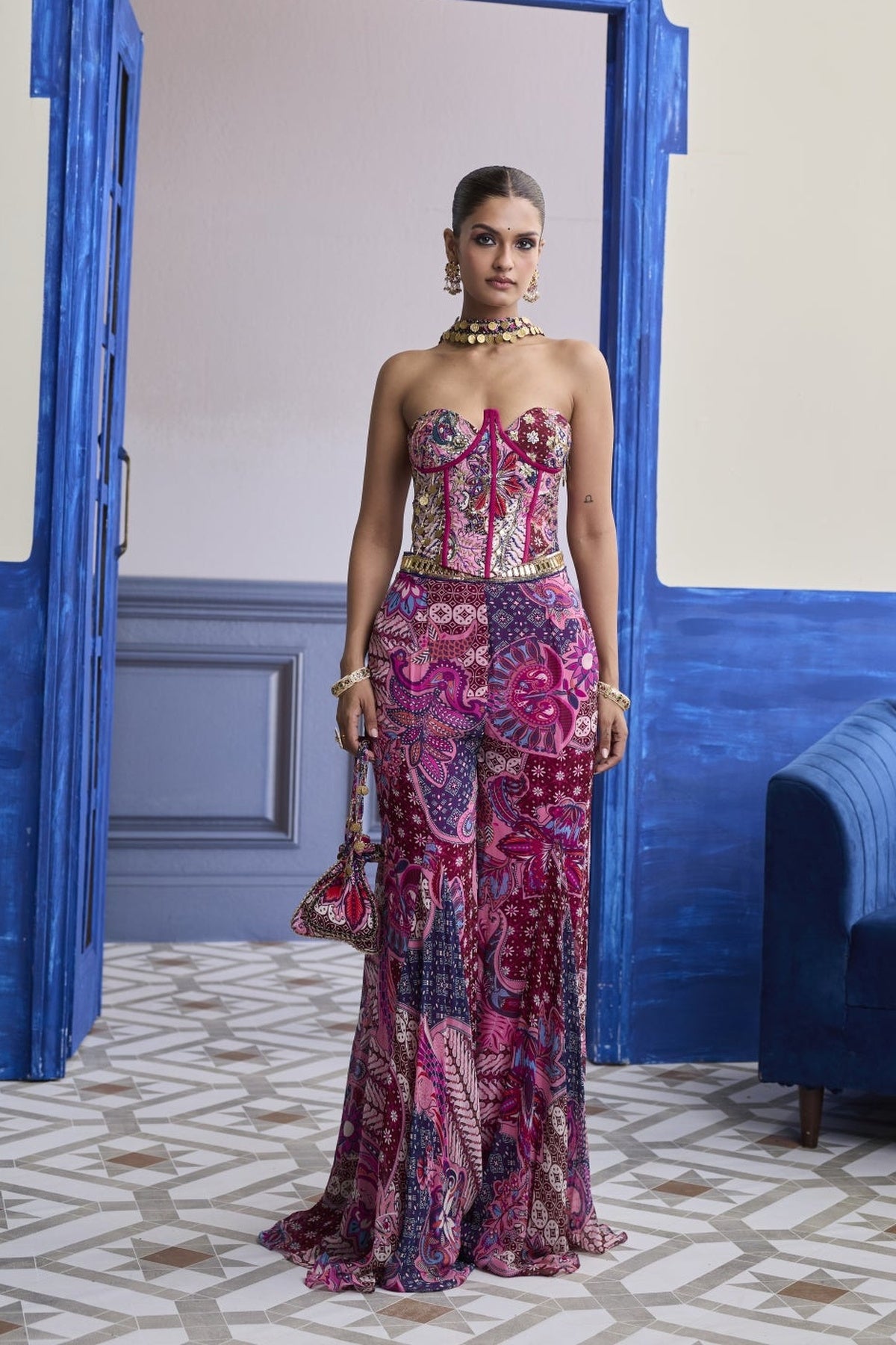 Fuchsia Floral Corset With Godet Pants & Choker Dupatta Set
