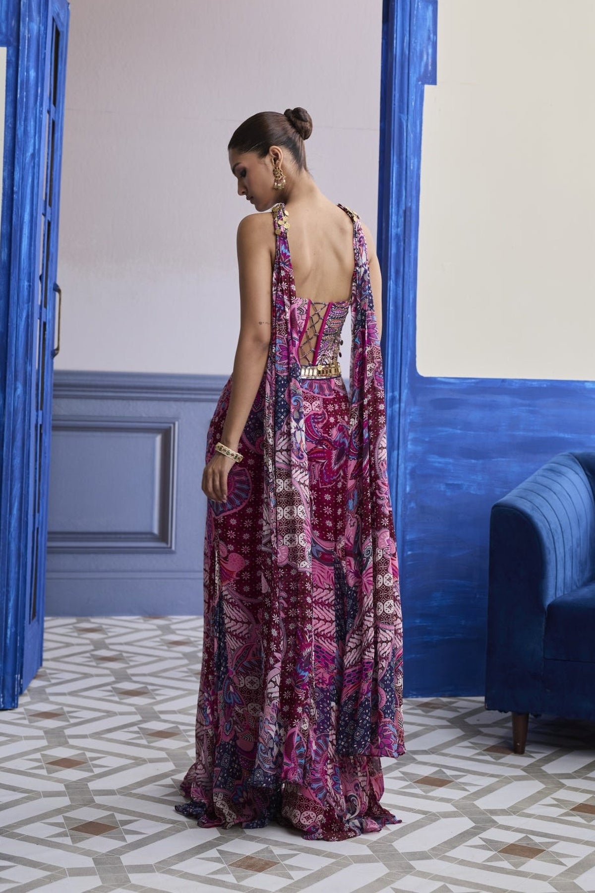 Fuchsia Floral Corset With Godet Pants & Choker Dupatta Set