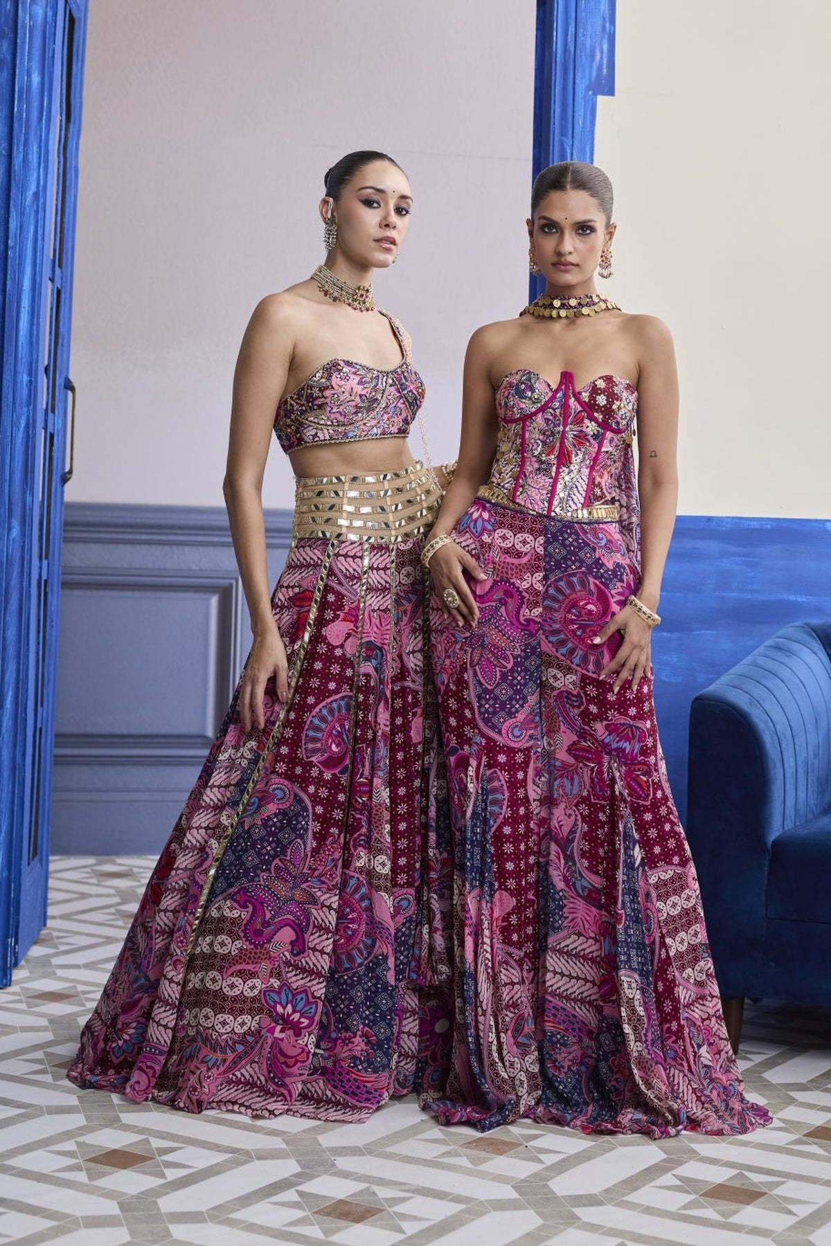 Fuchsia Floral Corset With Godet Pants & Choker Dupatta Set