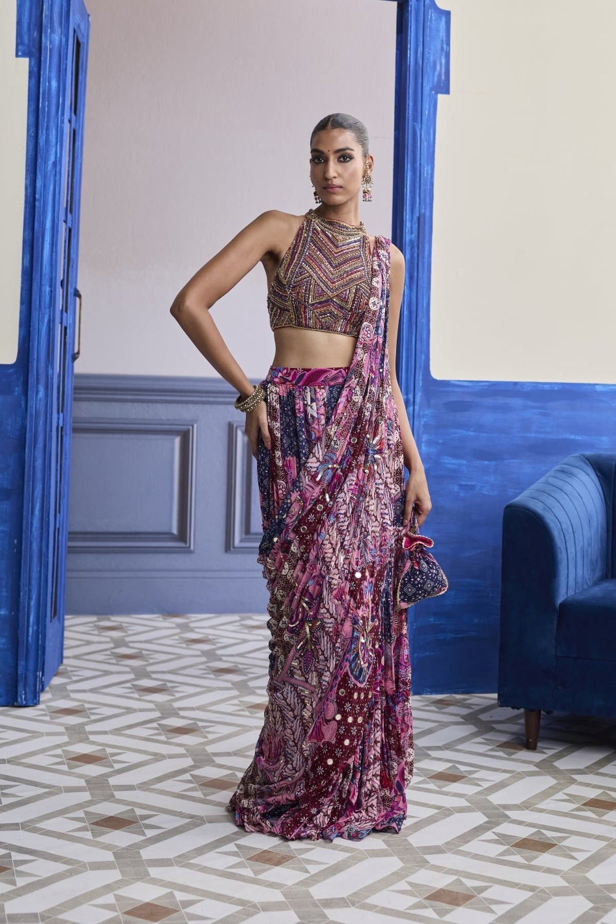 Fuchsia Embroidered Blouse With Floral Drape Tiered Saree Set