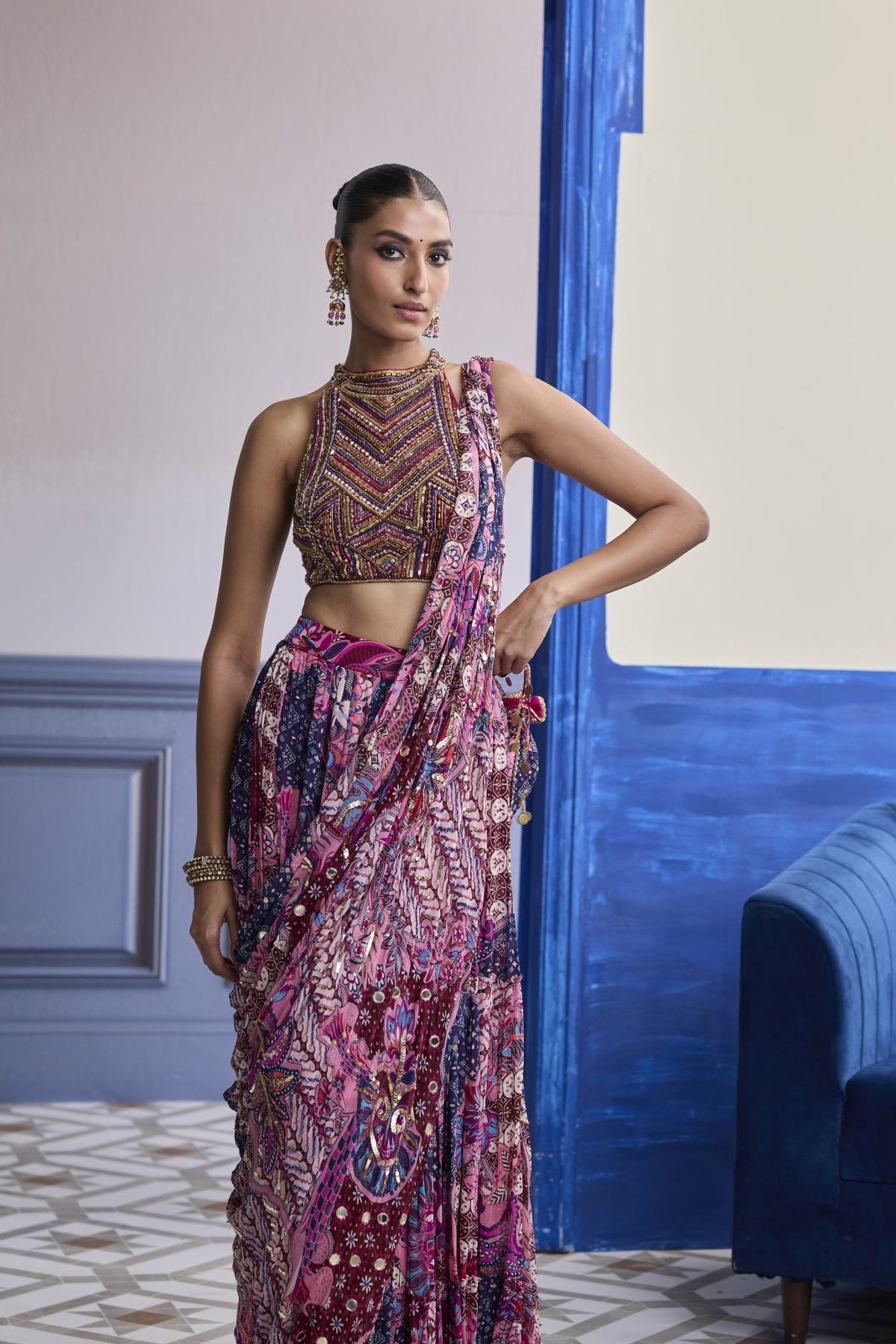 Fuchsia Embroidered Blouse With Floral Drape Tiered Saree Set
