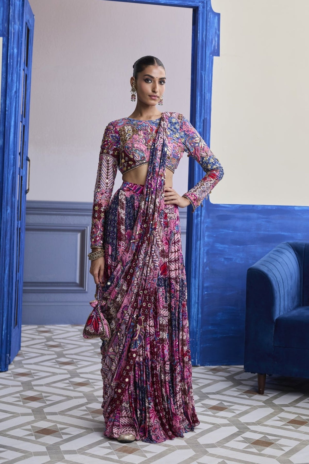 Fuchsia Floral Blouse With Drape Tiered Saree Skirt Set