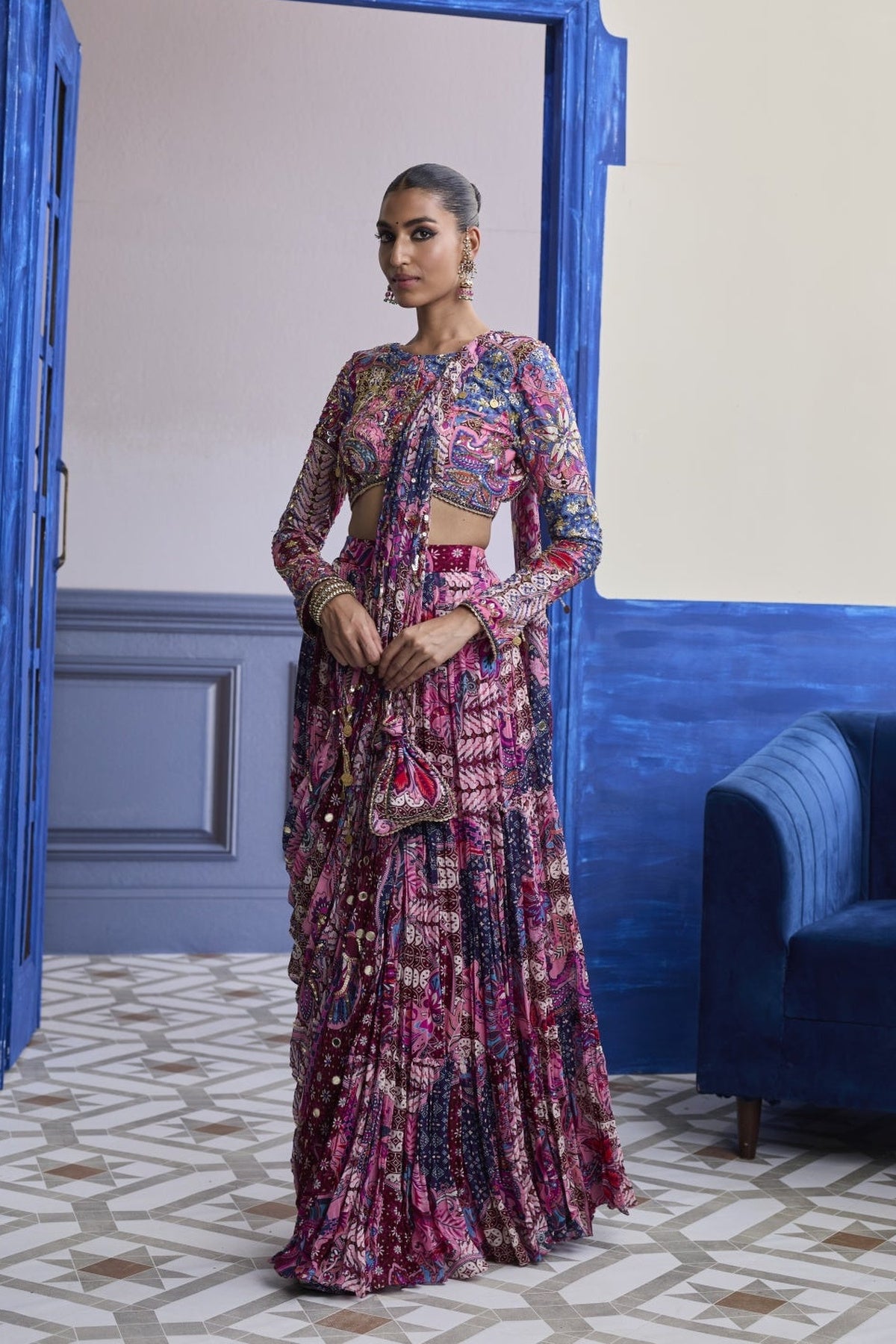 Fuchsia Floral Blouse With Drape Tiered Saree Skirt Set