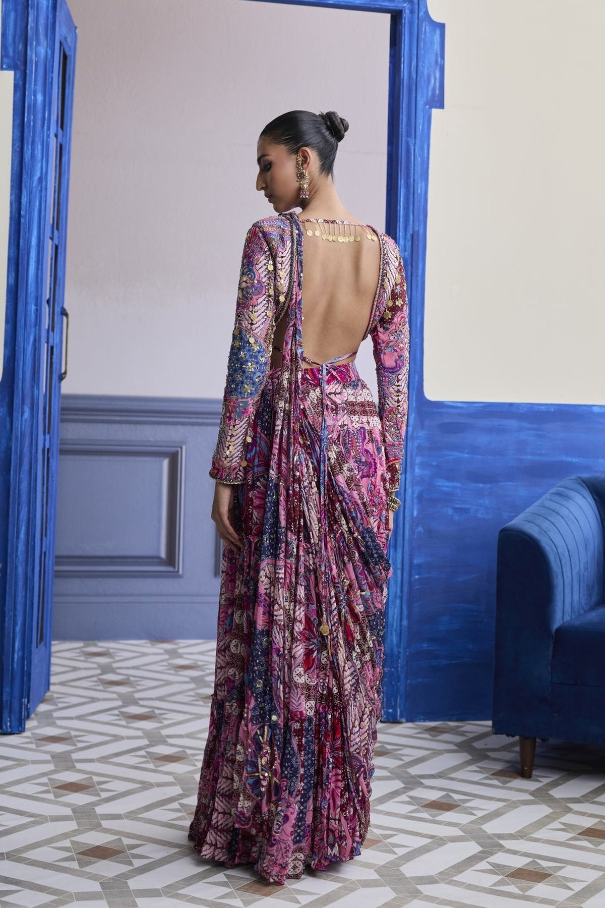 Fuchsia Floral Blouse With Drape Tiered Saree Skirt Set