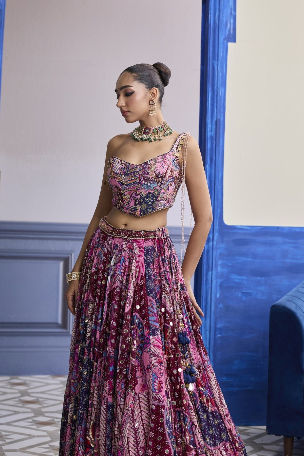 Fuchsia Floral  Corset With Highlighted Lehenga Set