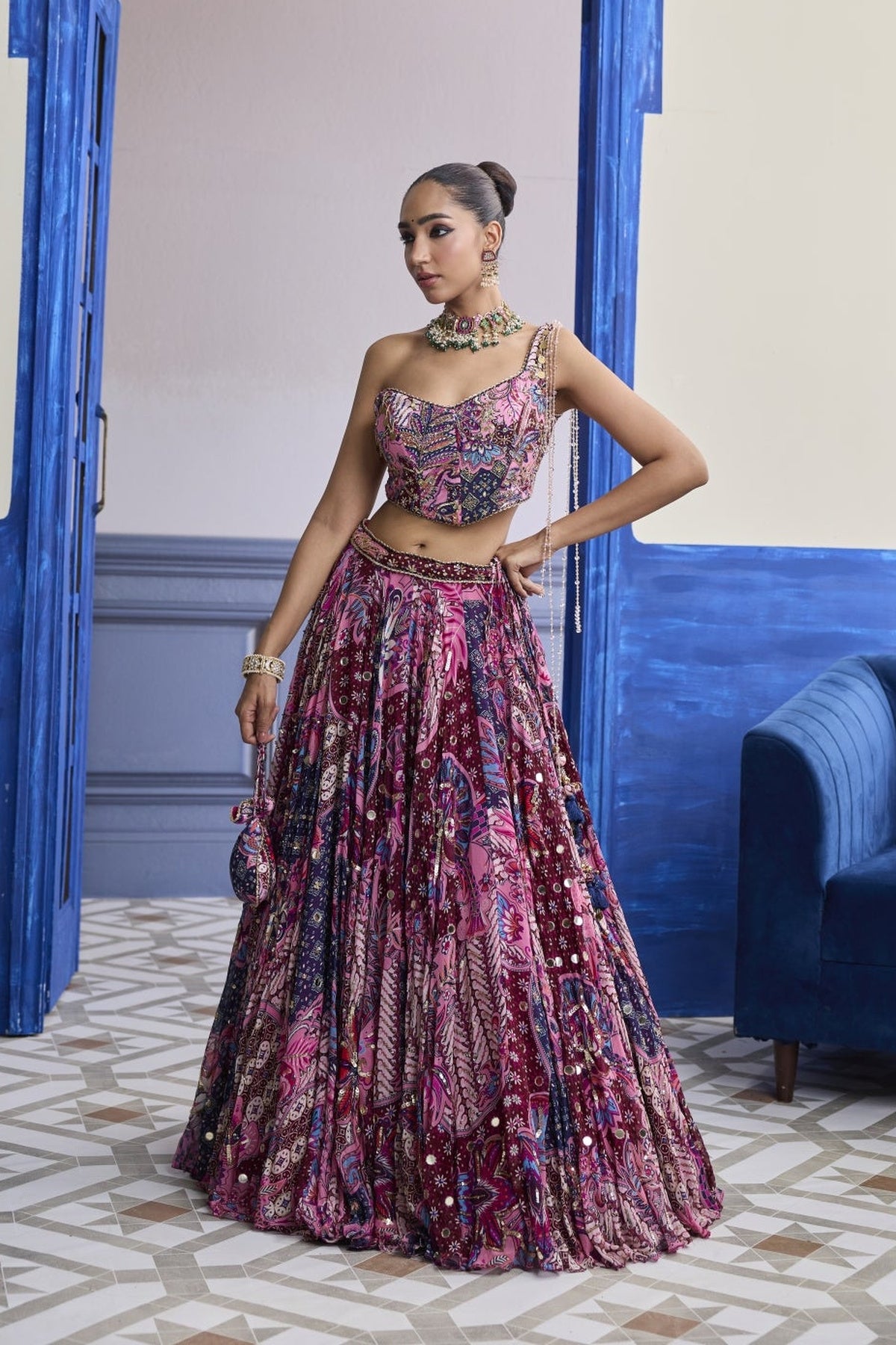 Fuchsia Floral  Corset With Highlighted Lehenga Set