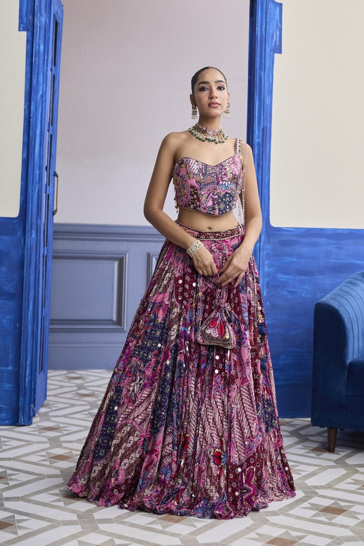 Fuchsia Floral  Corset With Highlighted Lehenga Set