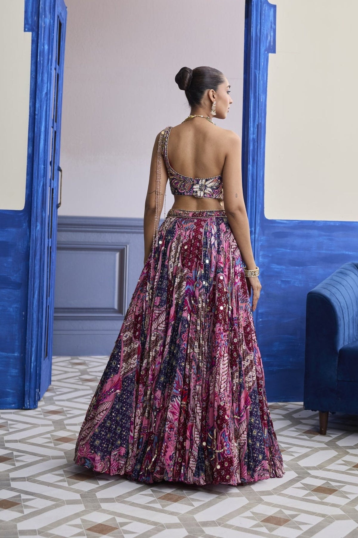 Fuchsia Floral  Corset With Highlighted Lehenga Set