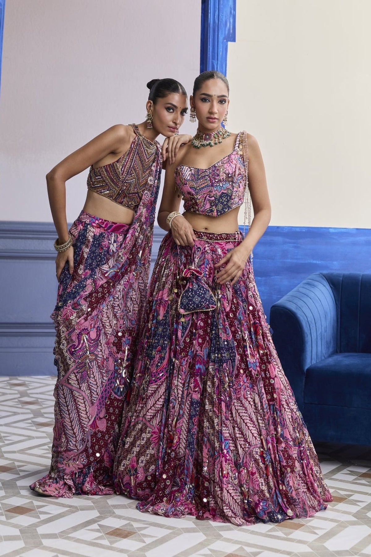 Fuchsia Floral  Corset With Highlighted Lehenga Set