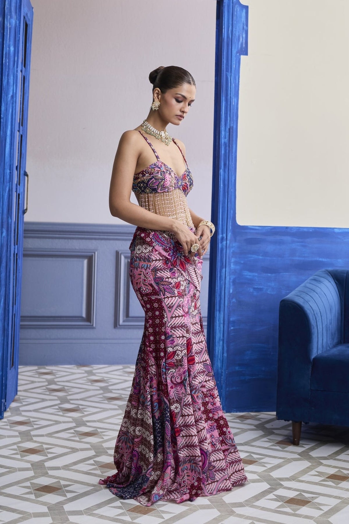 Fuchsia Floral Tassel Blouse With Cowl Structured Skirt Set