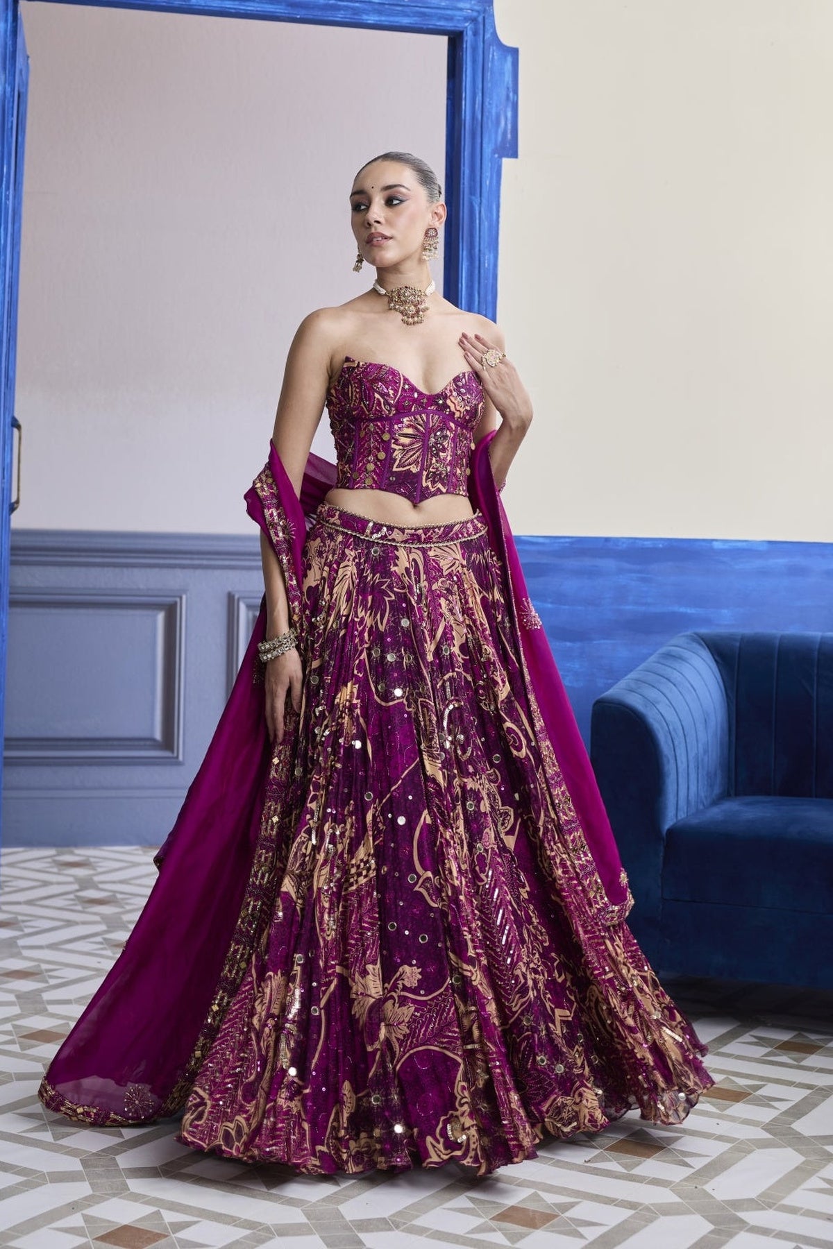 Magenta Highlighted Corset With Lehenga & Embroidered Dupatta Set